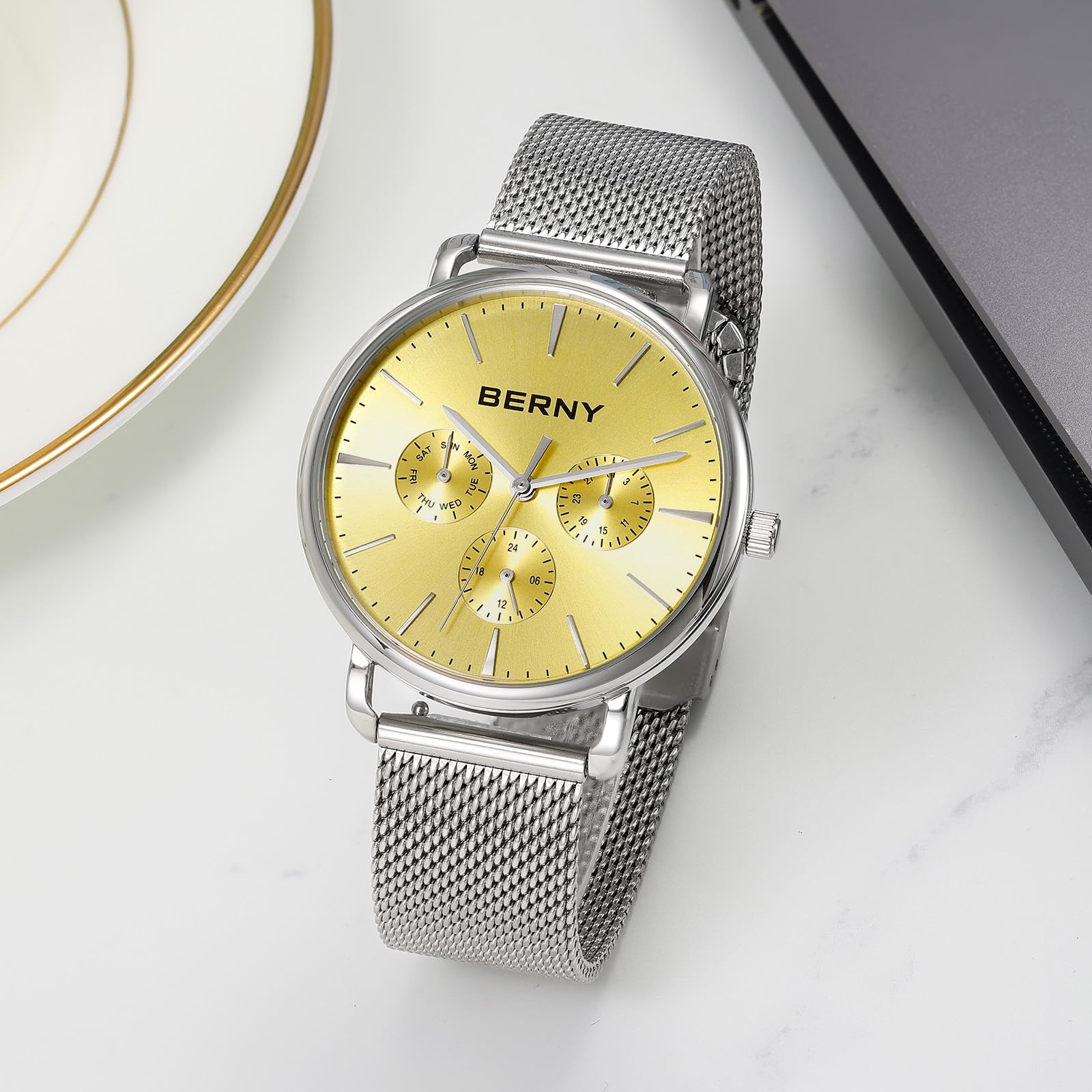 Berny orologio al quarzo mesh oro impermeabile