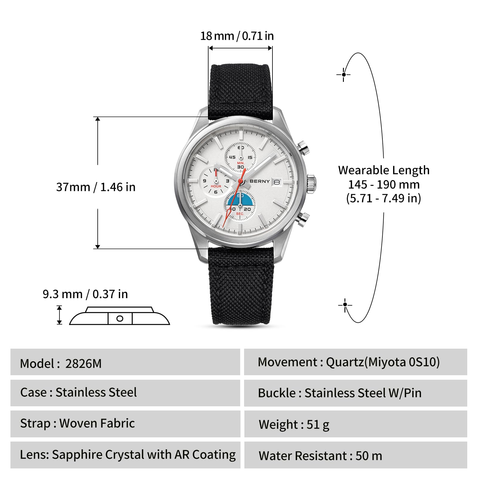 Berny Cronografo Orologio Uomo Bianco-1 50M Impermeabile