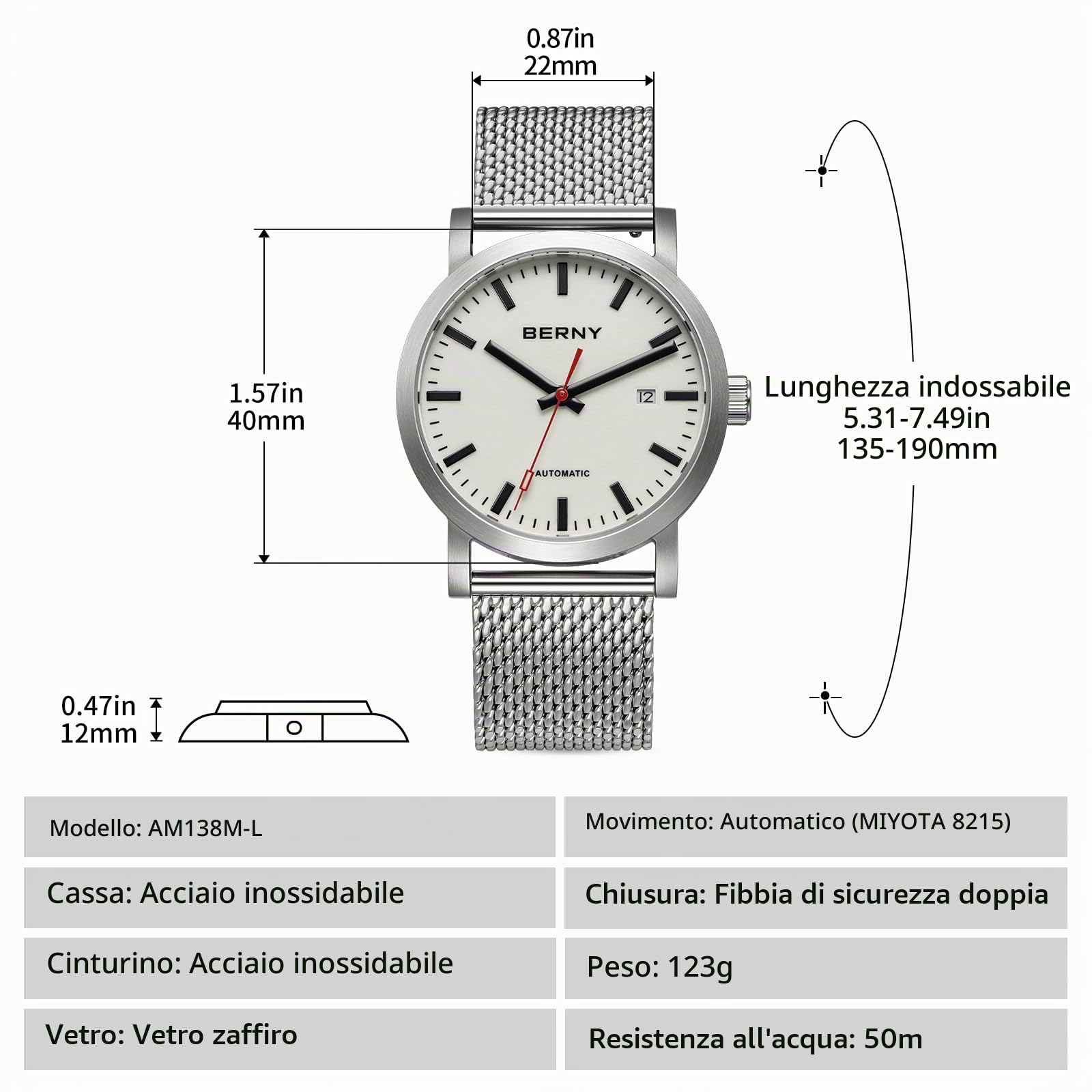 Berny Classic orologio automatico tutto bianco luminoso