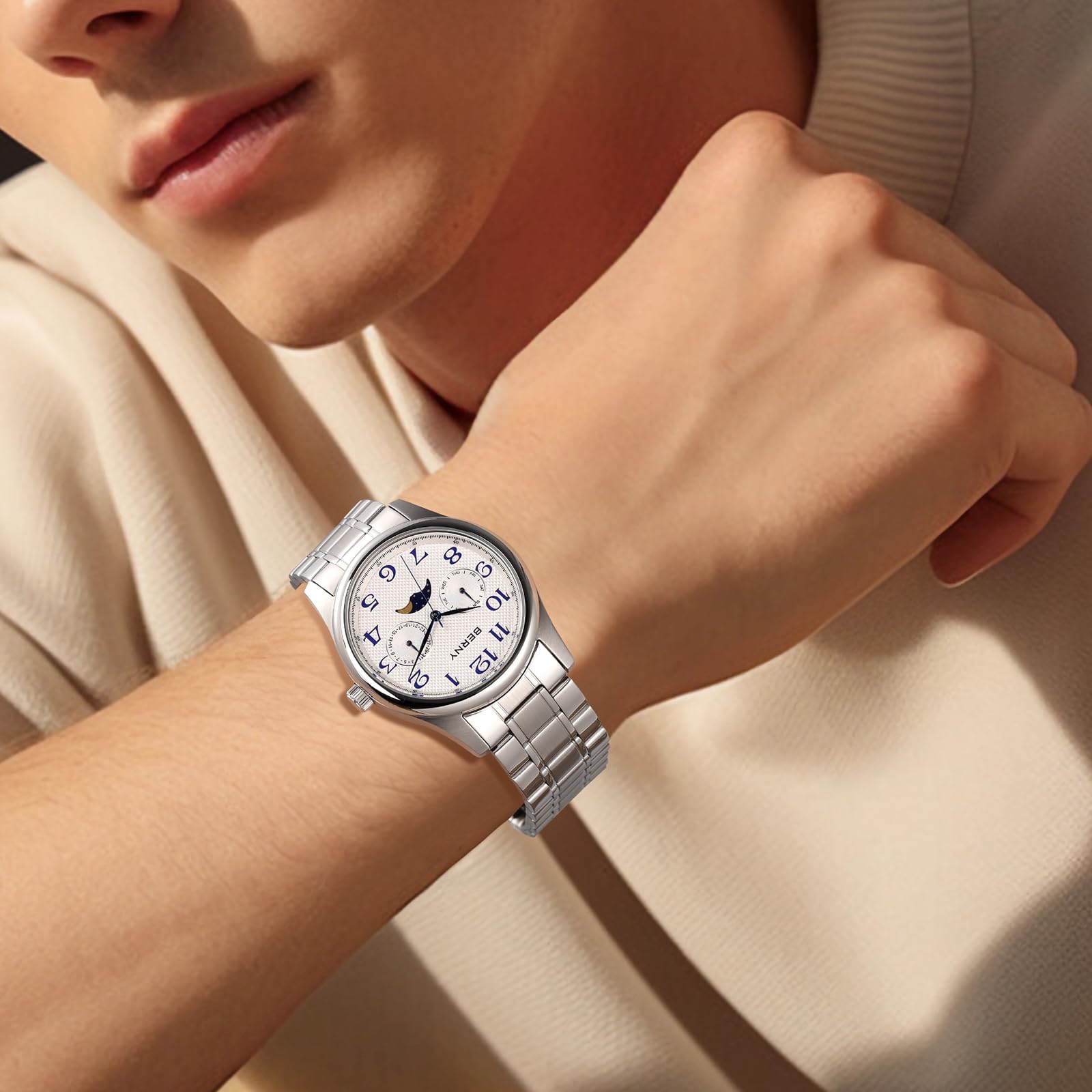 Berny Orologio Uomo Fase Lunare Bianco Acciaio