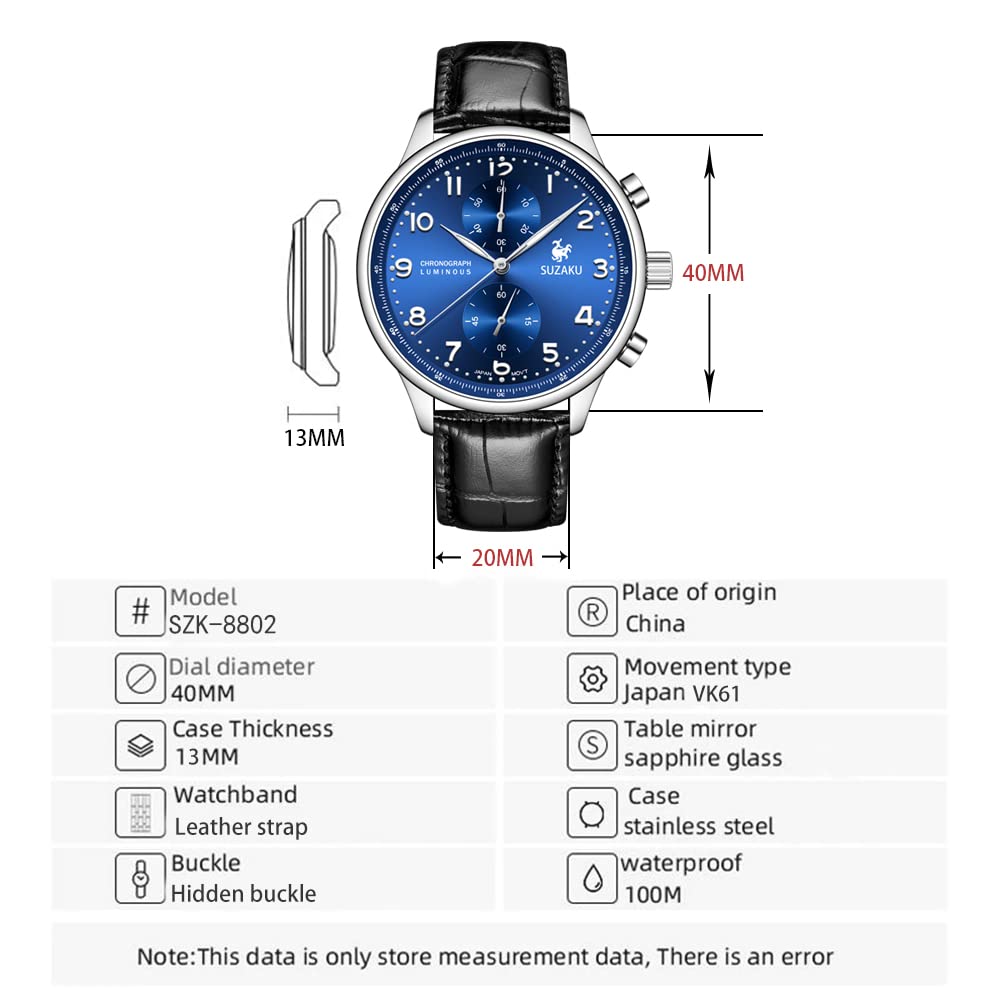 Suzaku Chronograph Orologio Quarzo Uomo 40 mm Blu Pelle