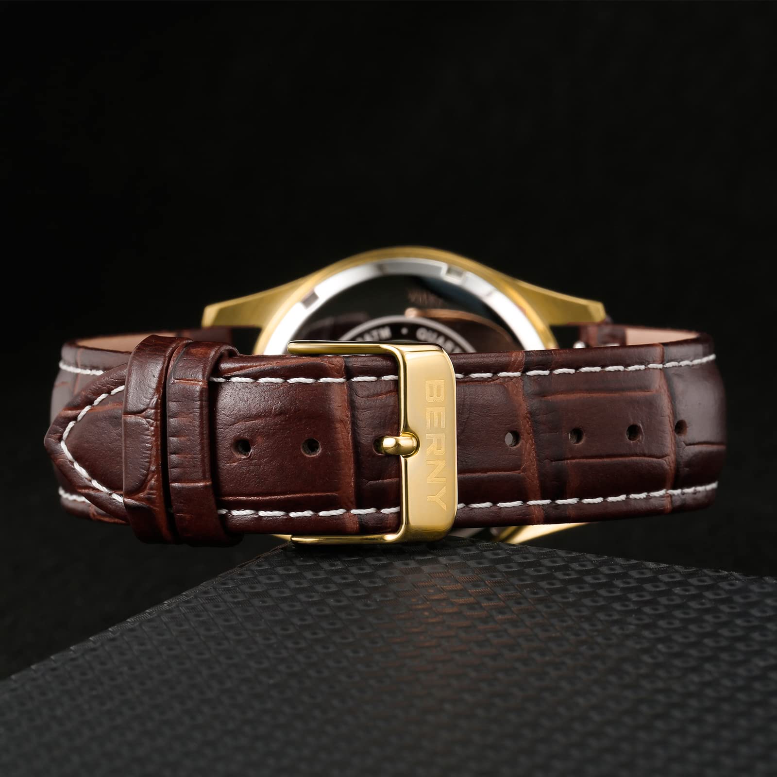 Berny Orologio da Polso Uomo Bianco Oro Pelle 38 mm