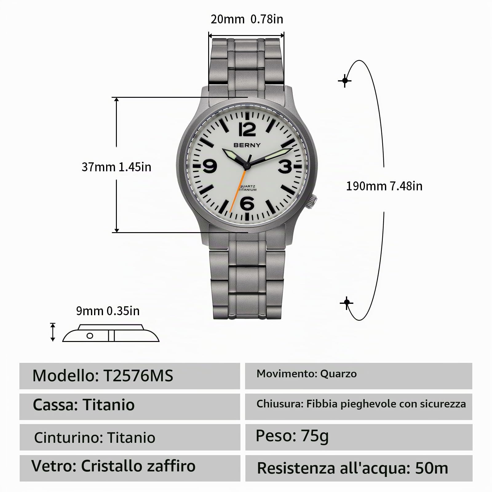 Berny Titanium Orologio Uomo Quarzo Blu Zaffiro 5ATM