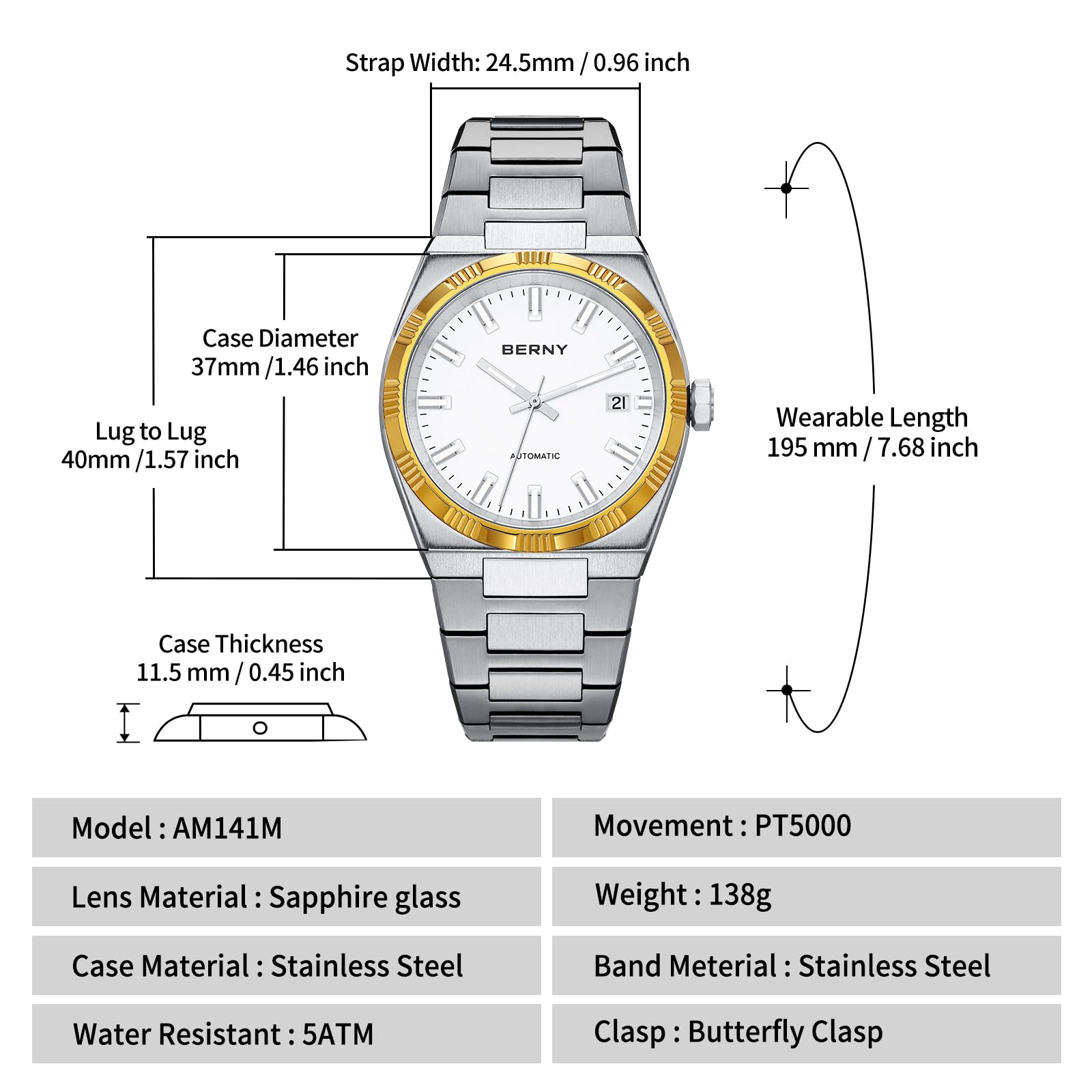 Berny orologio automatico dress bianco 3 lunette