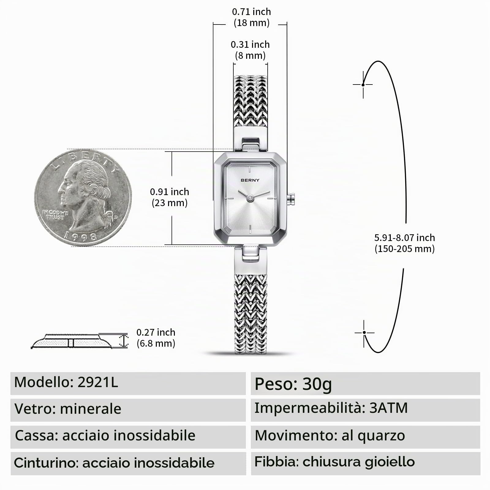 Berny Orologio Donna Rettangolare Mini Quarzo Acciaio 3ATM