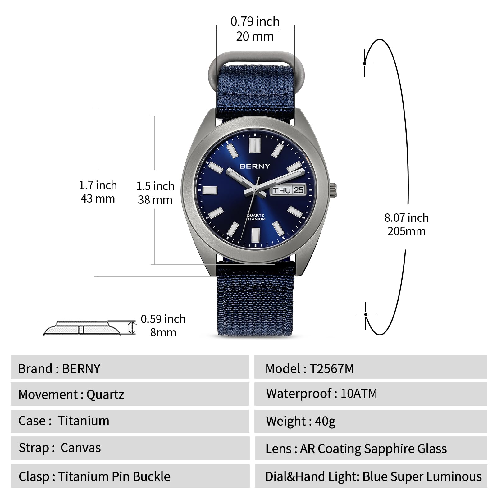 Berny Titanio Quarzo Uomo Blu Nylon 10ATM