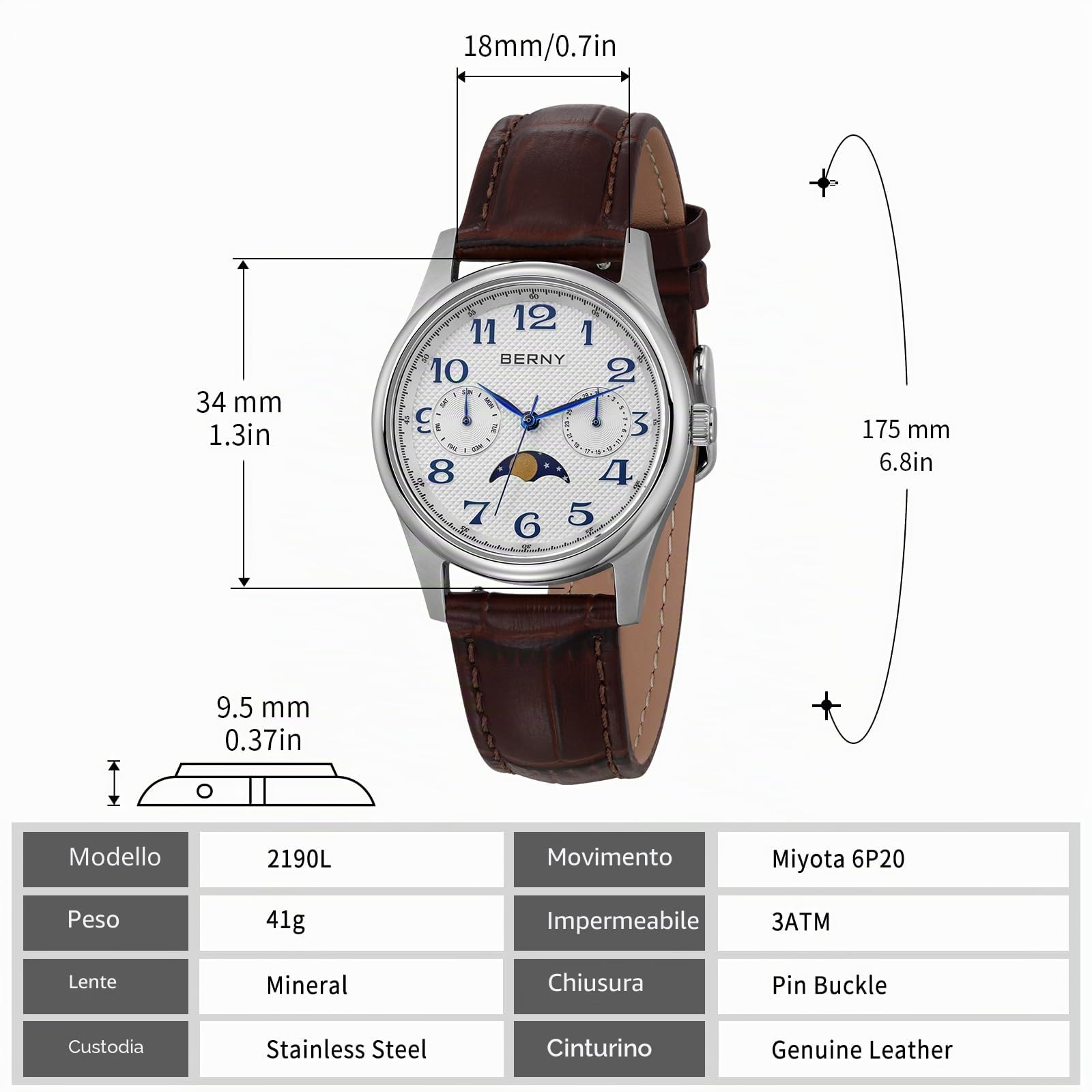 Berny Fasi Lunari Orologio Donna Bianco Pelle Data