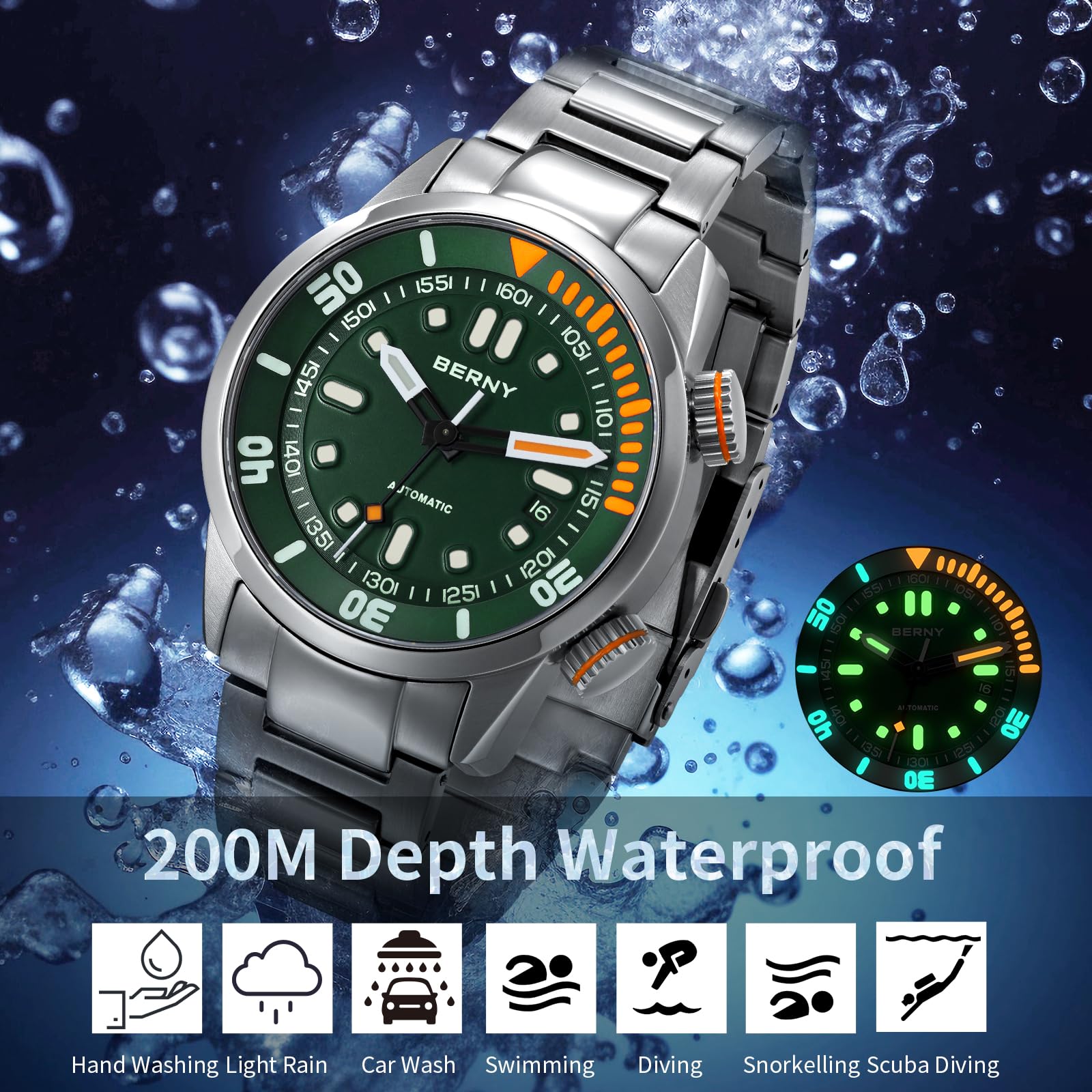 Berny Diver orologio automatico verde 20ATM zaffiro