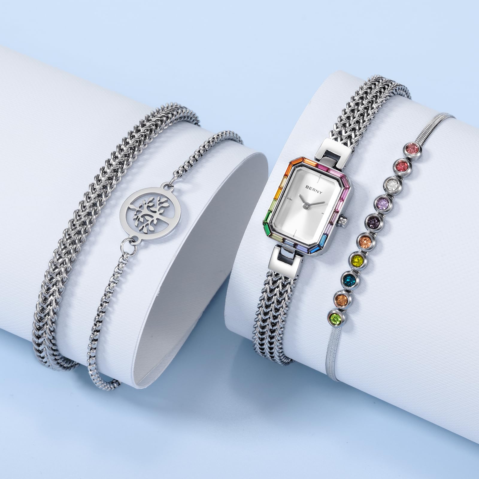 Berny Petite Orologio Donna Bracciale Bianco Pietre Set