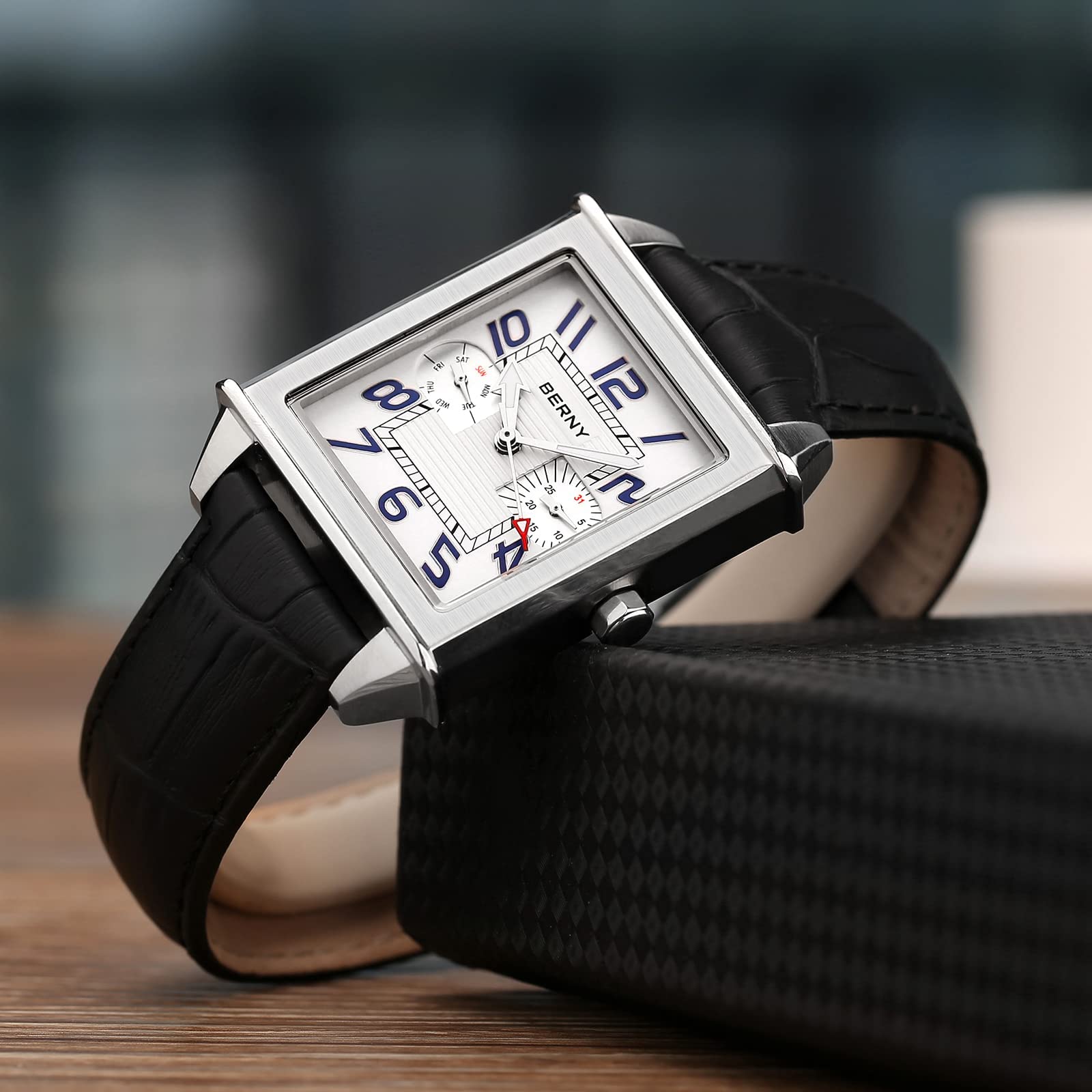 Berny Orologio Uomo Quadrato Quarzo Bianco Pelle