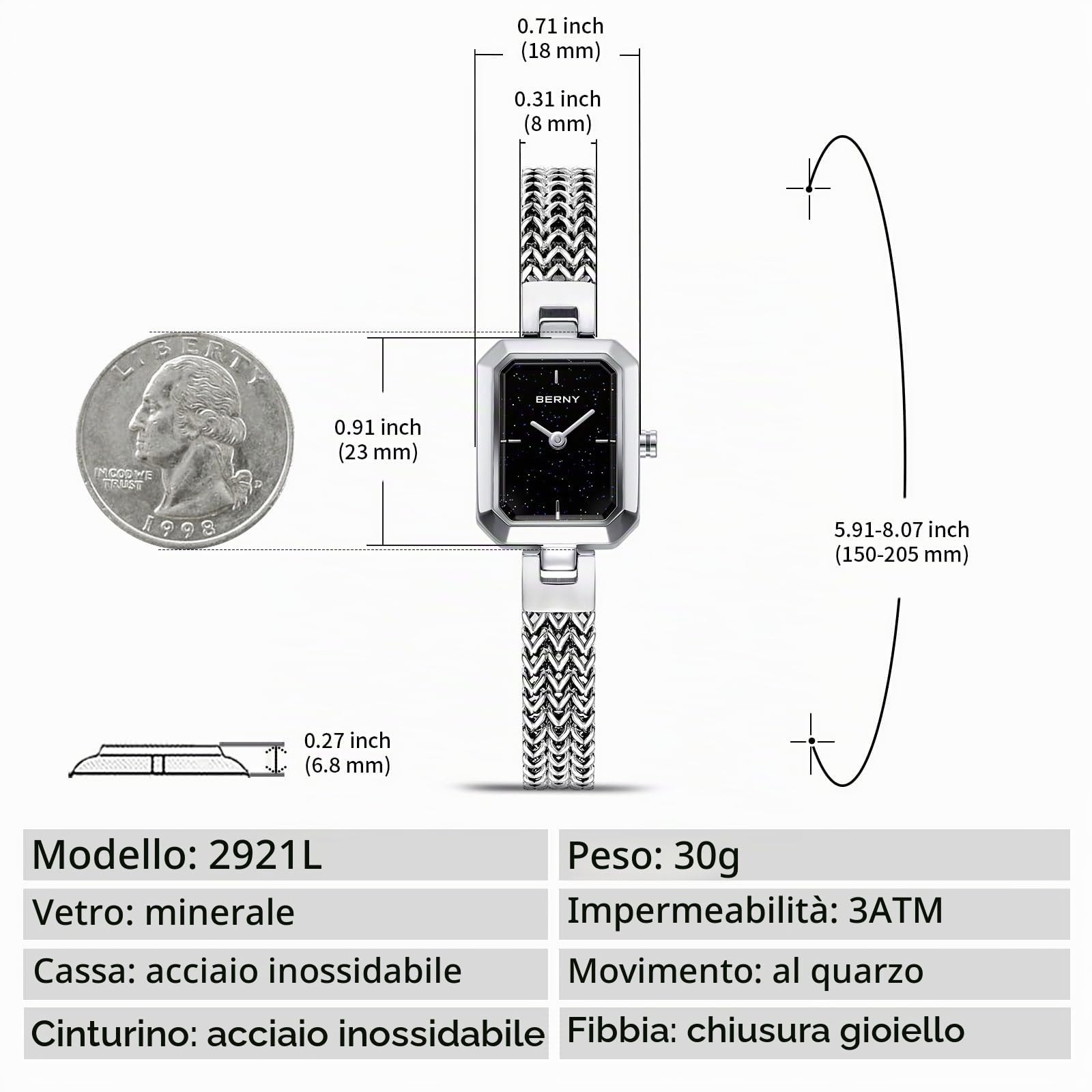 Berny Mini Rettangolare Orologio Donna Acciaio 3ATM