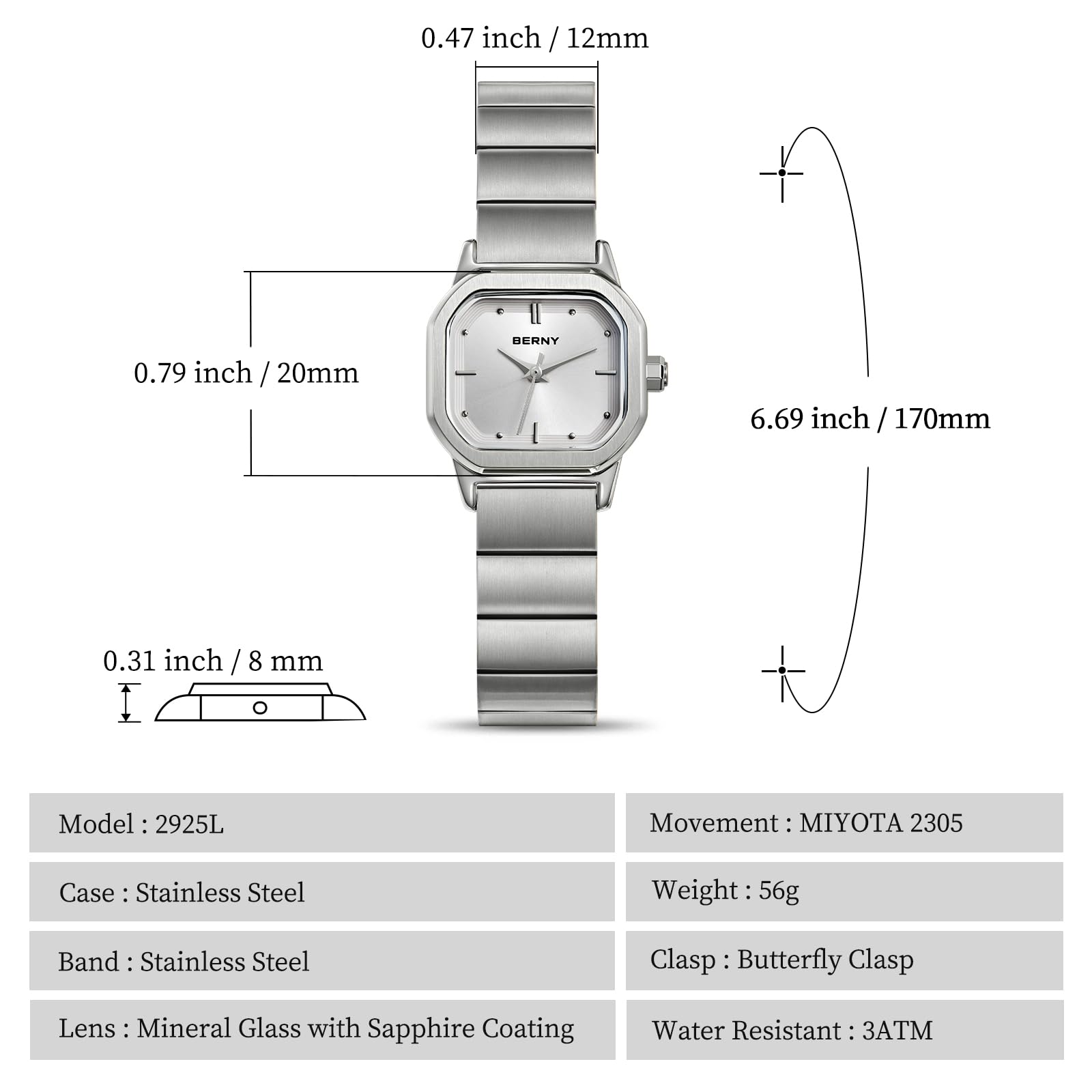 Berny Orologio Donna Quadrato Bianco Quarzo 3ATM