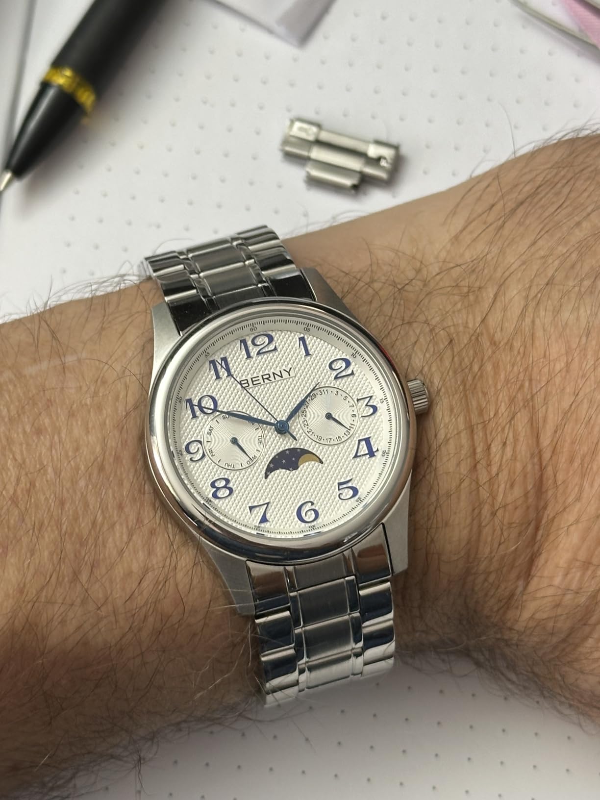 Berny Orologio Uomo Fase Lunare Bianco Acciaio