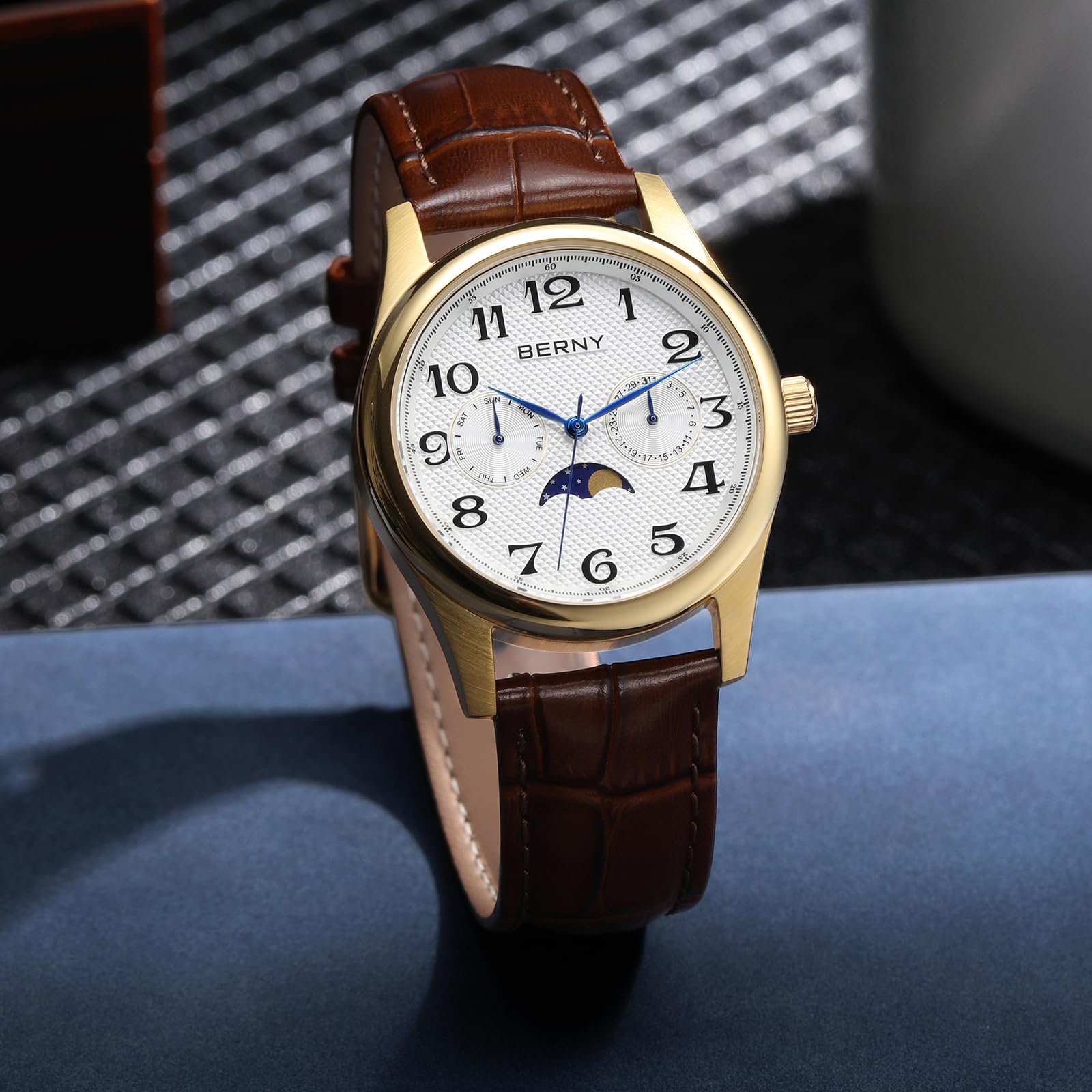 Berny Moon Phase orologio quarzo uomo oro pelle