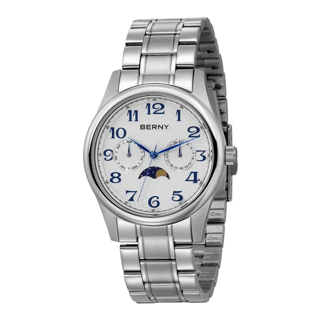 Berny Orologio Uomo Fase Lunare Bianco Acciaio