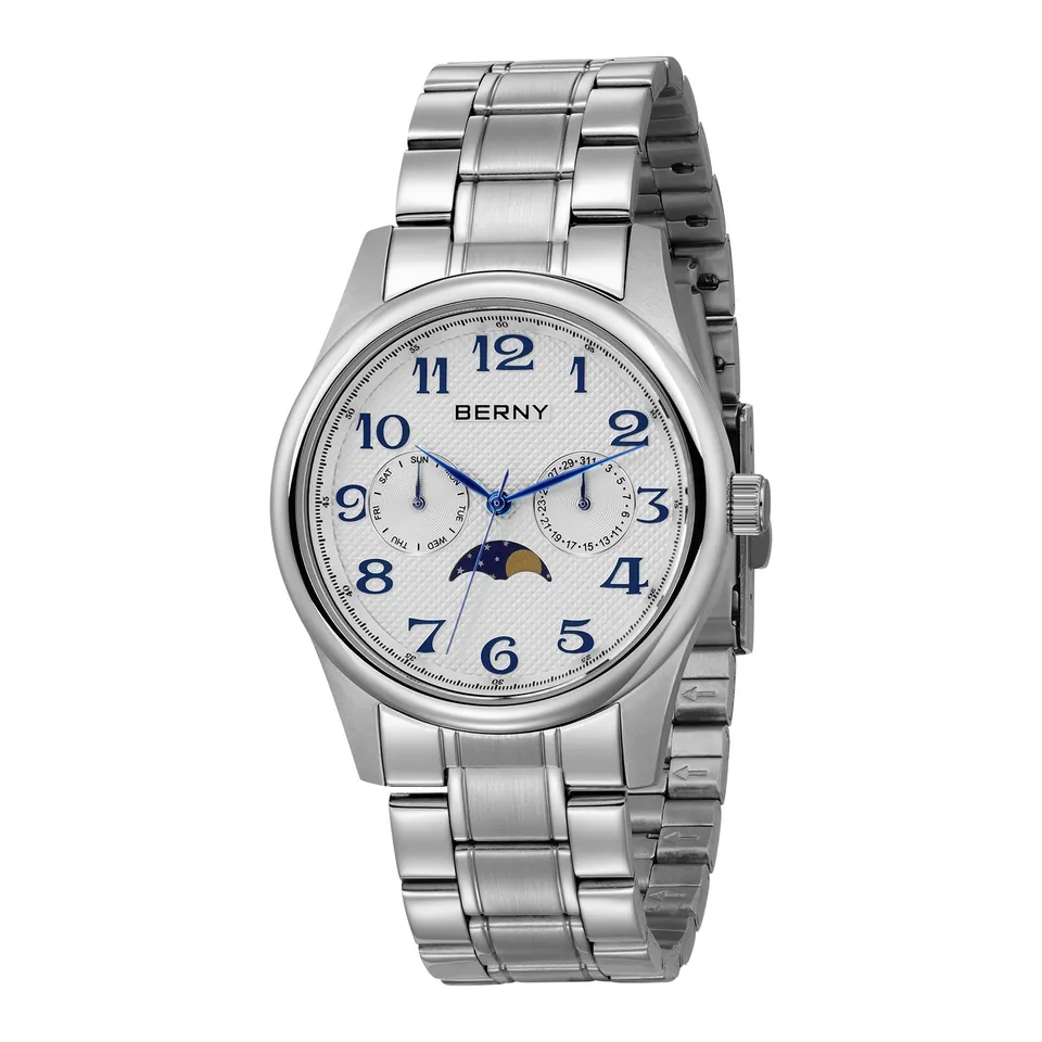 Berny Orologio Uomo Fase Lunare Bianco Acciaio