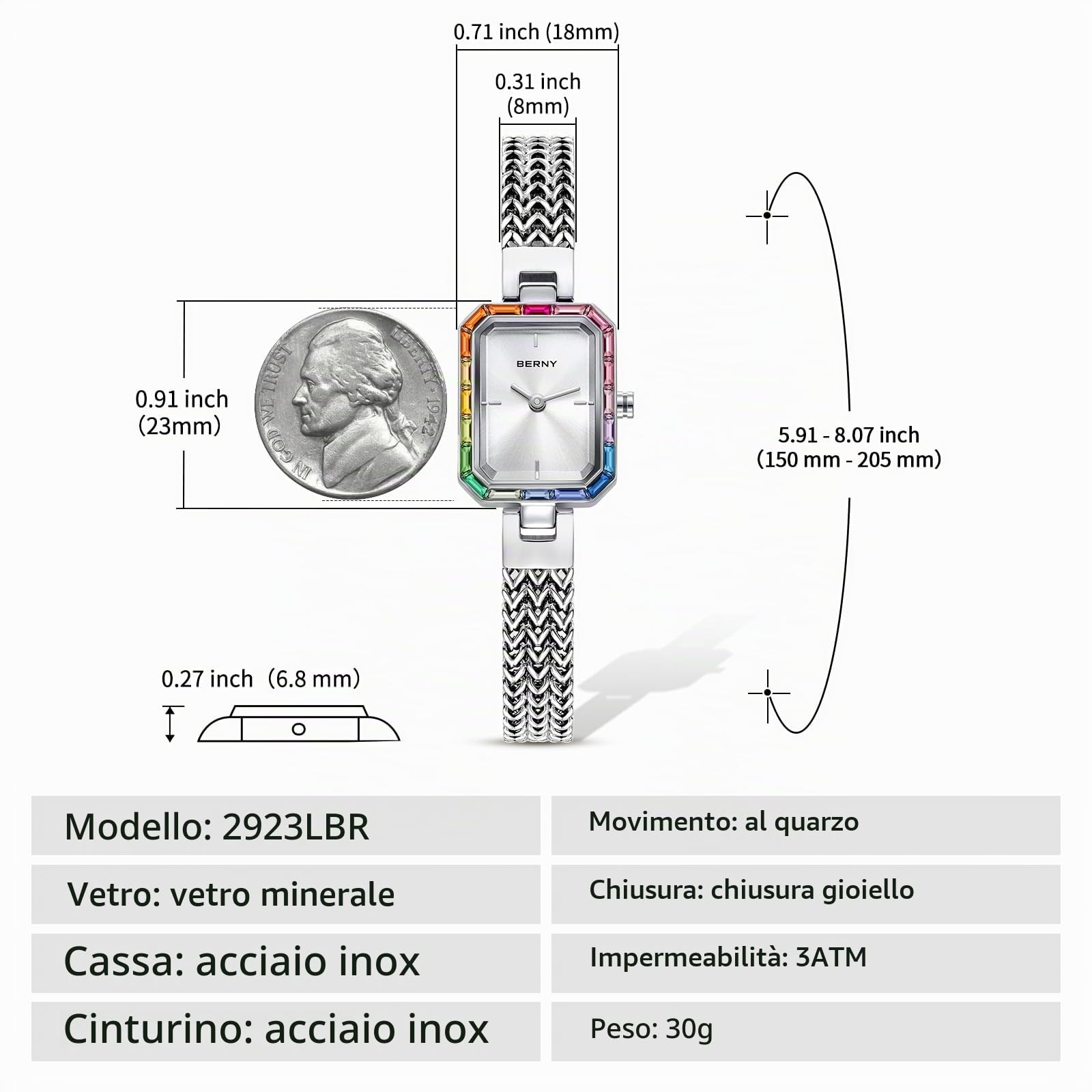 Berny Petite Orologio Donna Bracciale Bianco Pietre Set