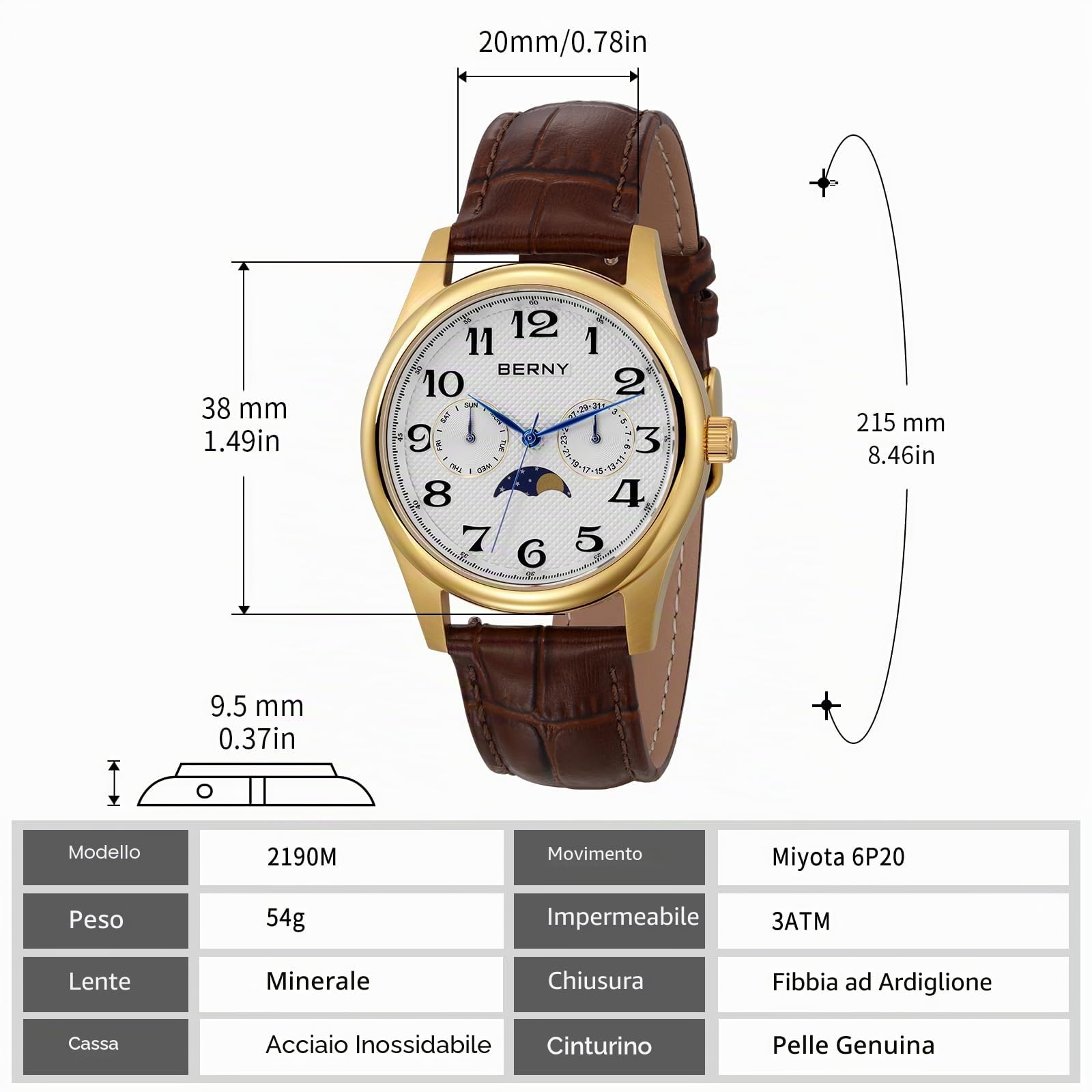 Berny Moon Phase orologio quarzo uomo oro pelle