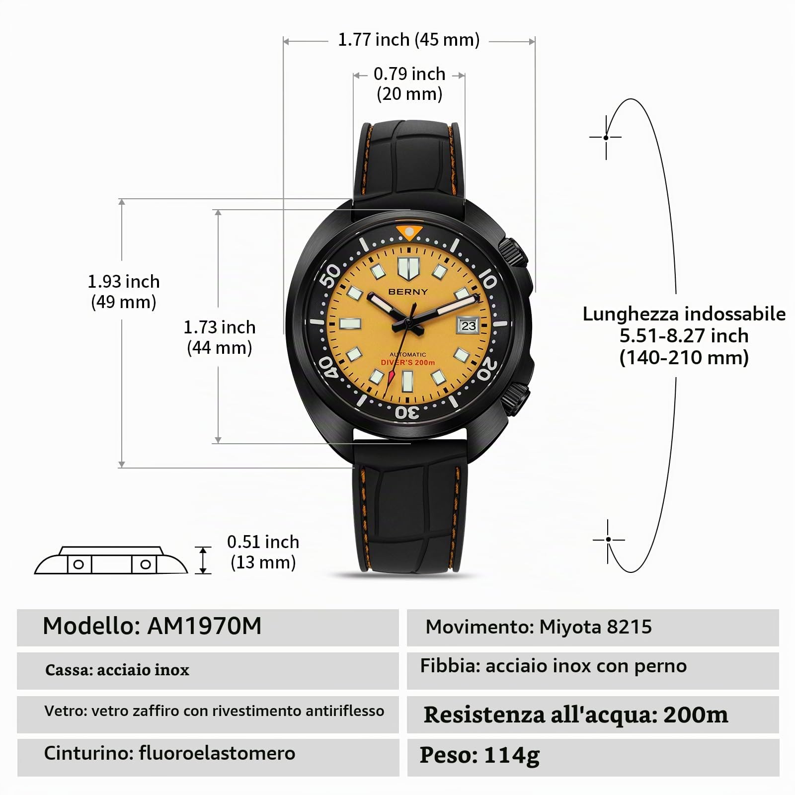 Berny Diver orologio automatico uomo giallo 200M