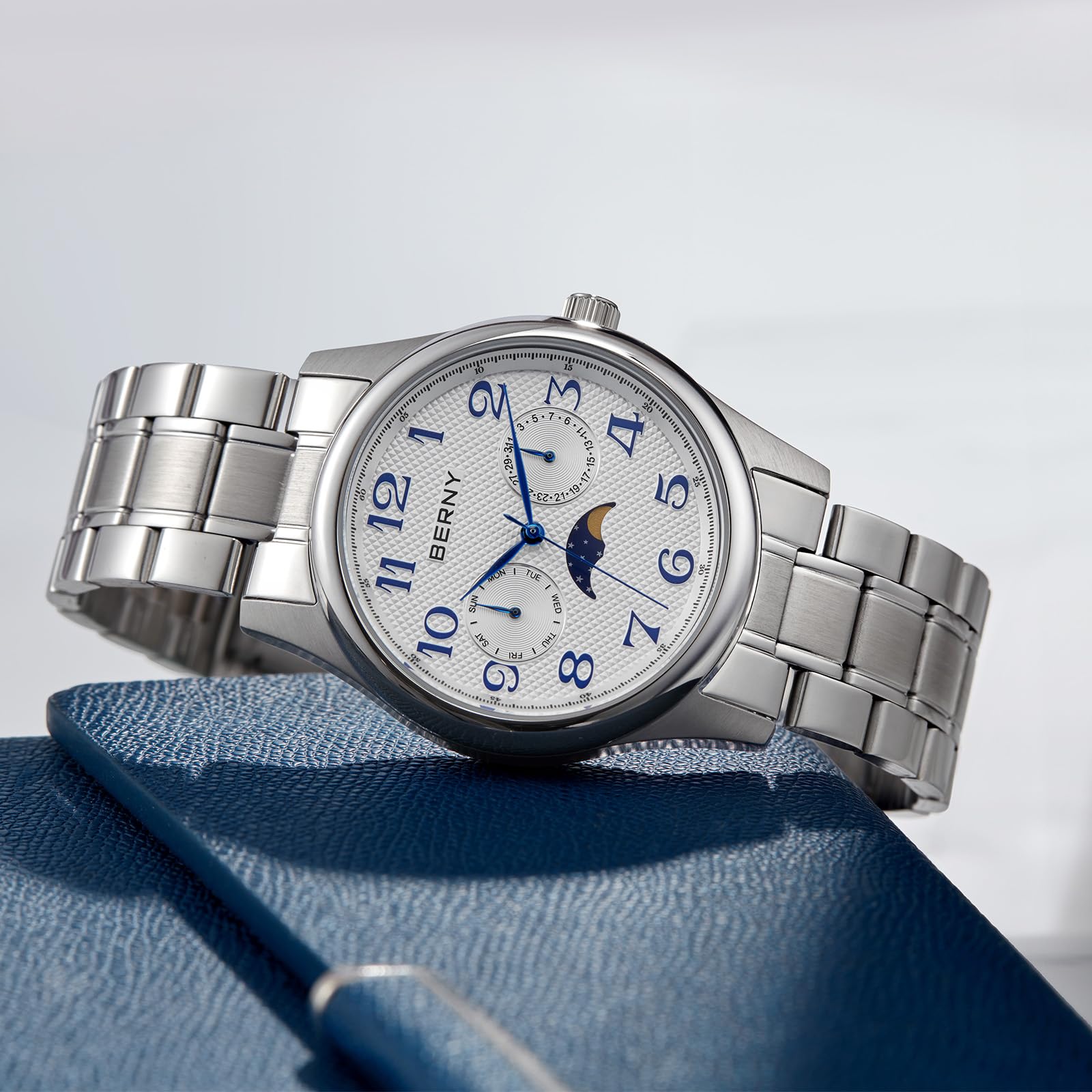 Berny Orologio Uomo Fase Lunare Bianco Acciaio