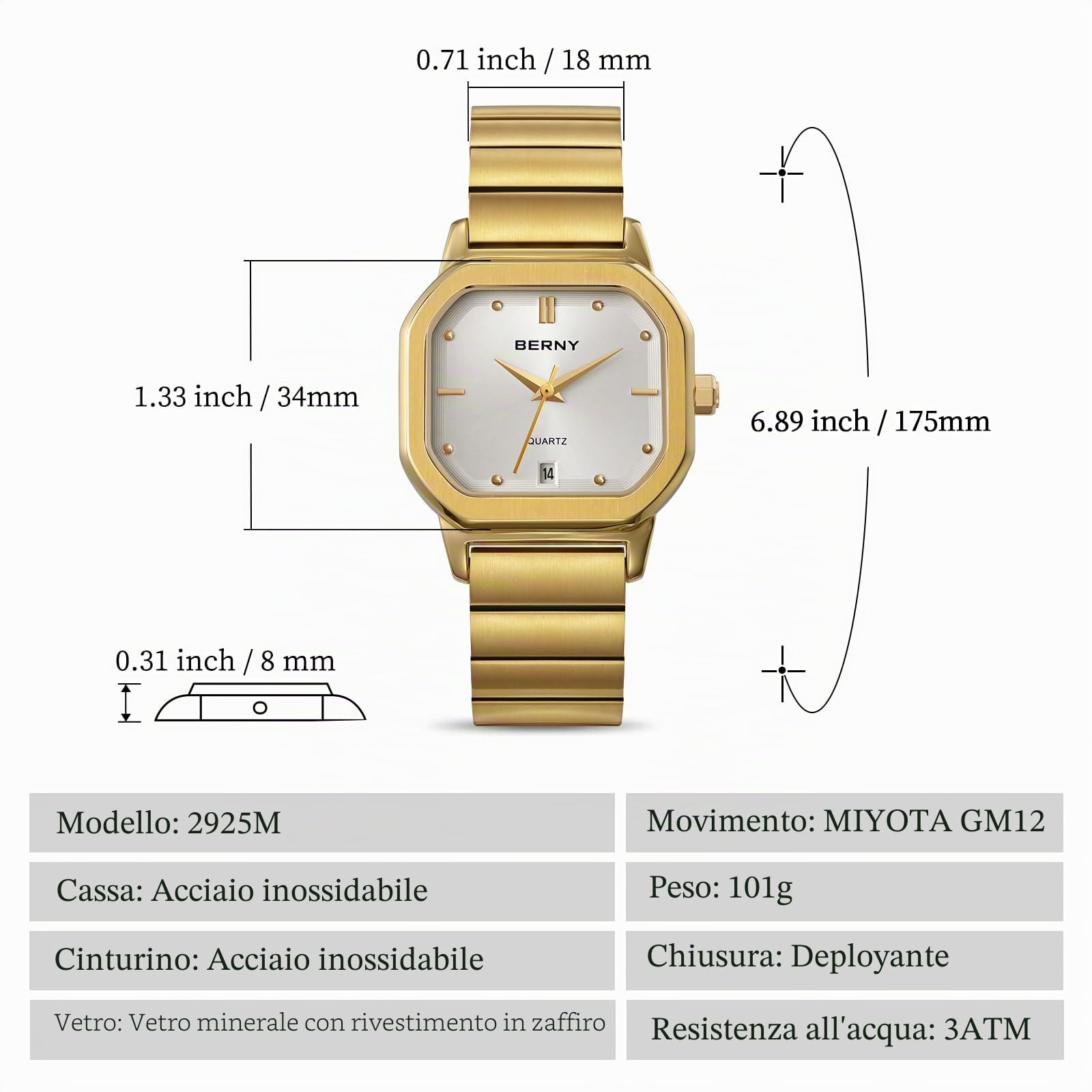 Berny orologio al quarzo quadrato bianco acciaio