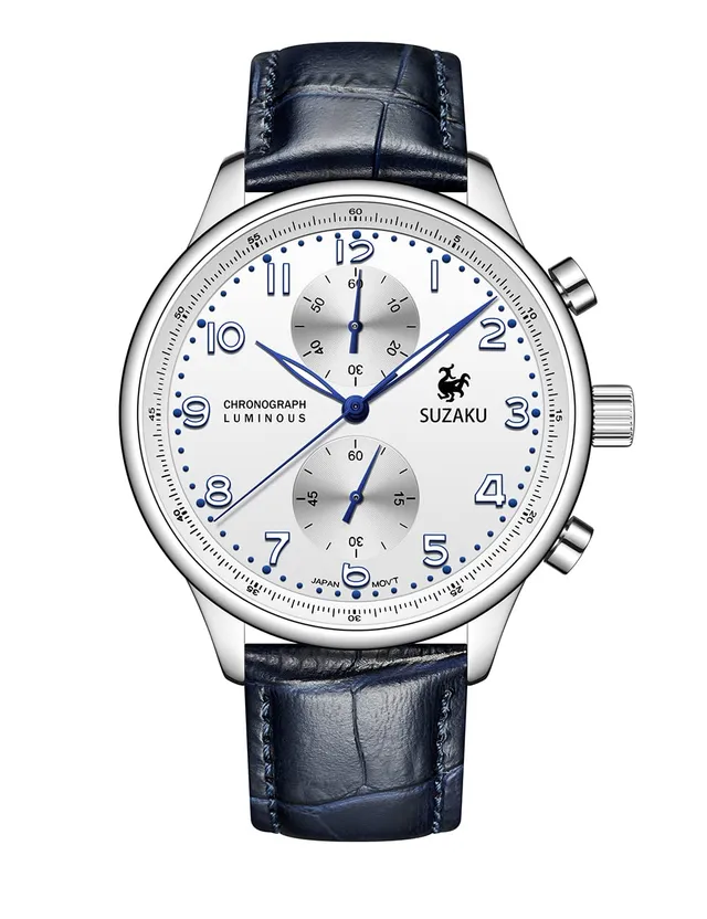 Suzaku orologio cronografo uomo bianco pelle 40mm