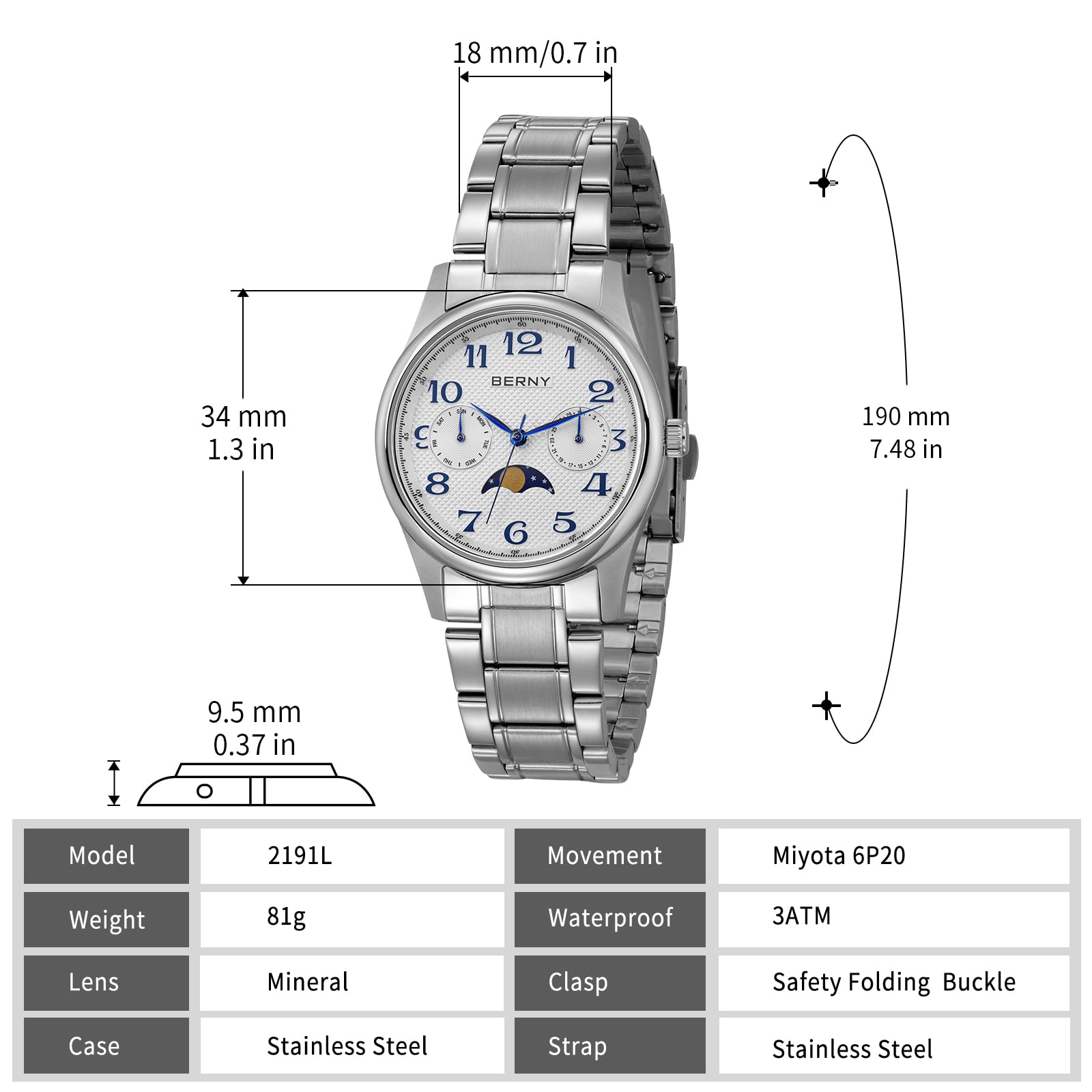 Berny Moon Phase Orologio Donna Bianco Acciaio Fase Lunare