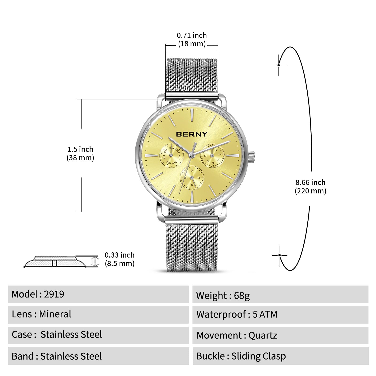Berny orologio al quarzo mesh oro impermeabile