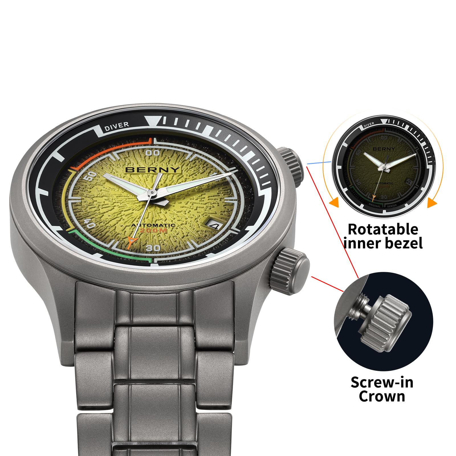 Berny Diver orologio automatico uomo giallo titanio 200M