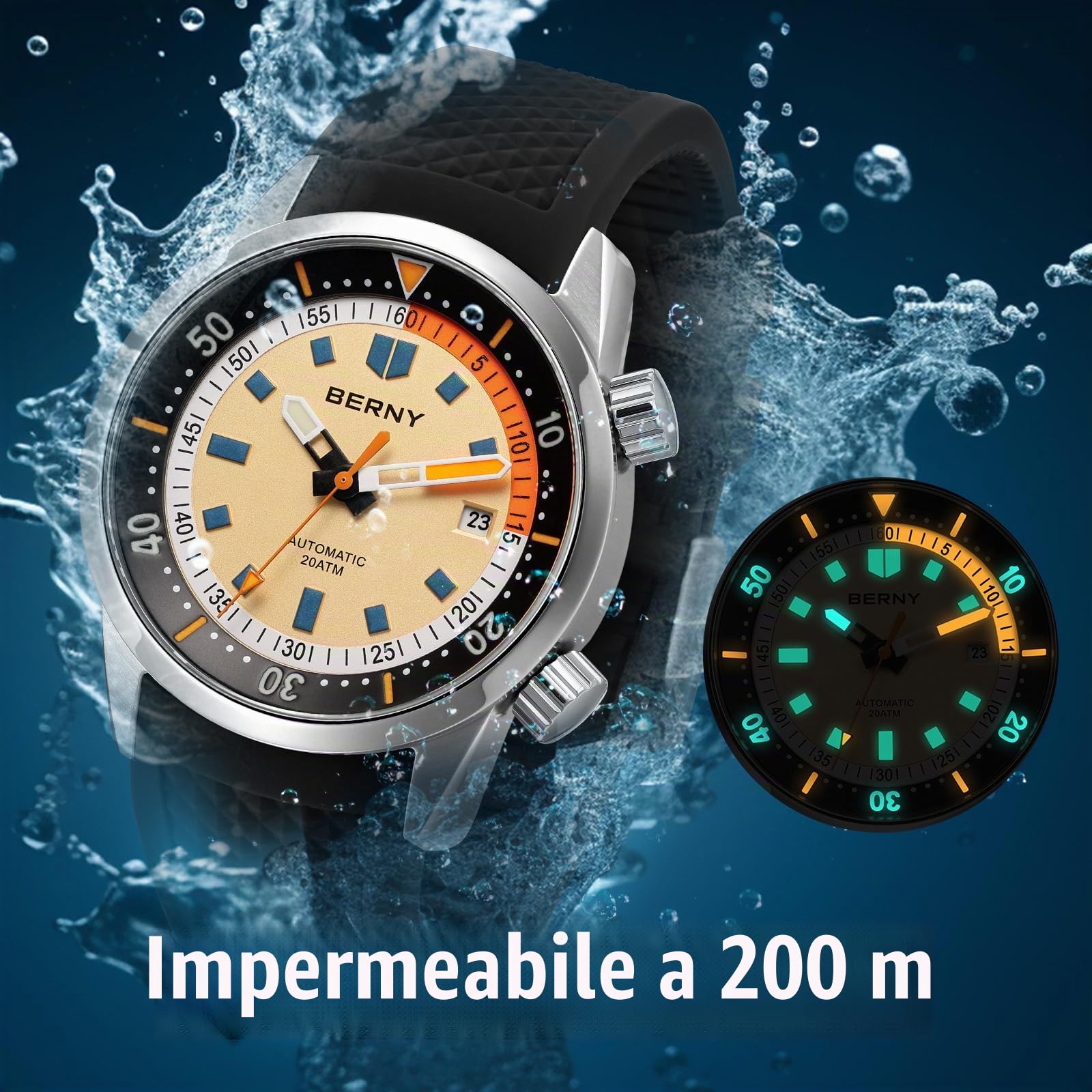 Berny Diver Orologio Uomo Automatico 20ATM Silicone