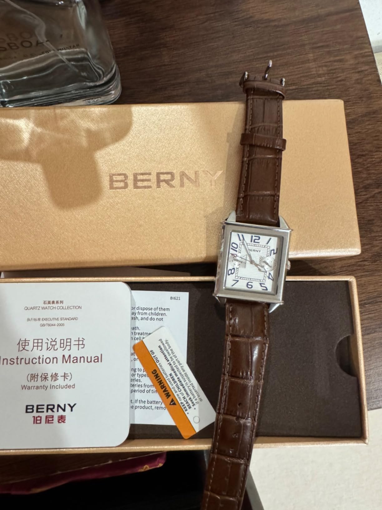 Berny Orologio Uomo Quadrato Quarzo Bianco Pelle