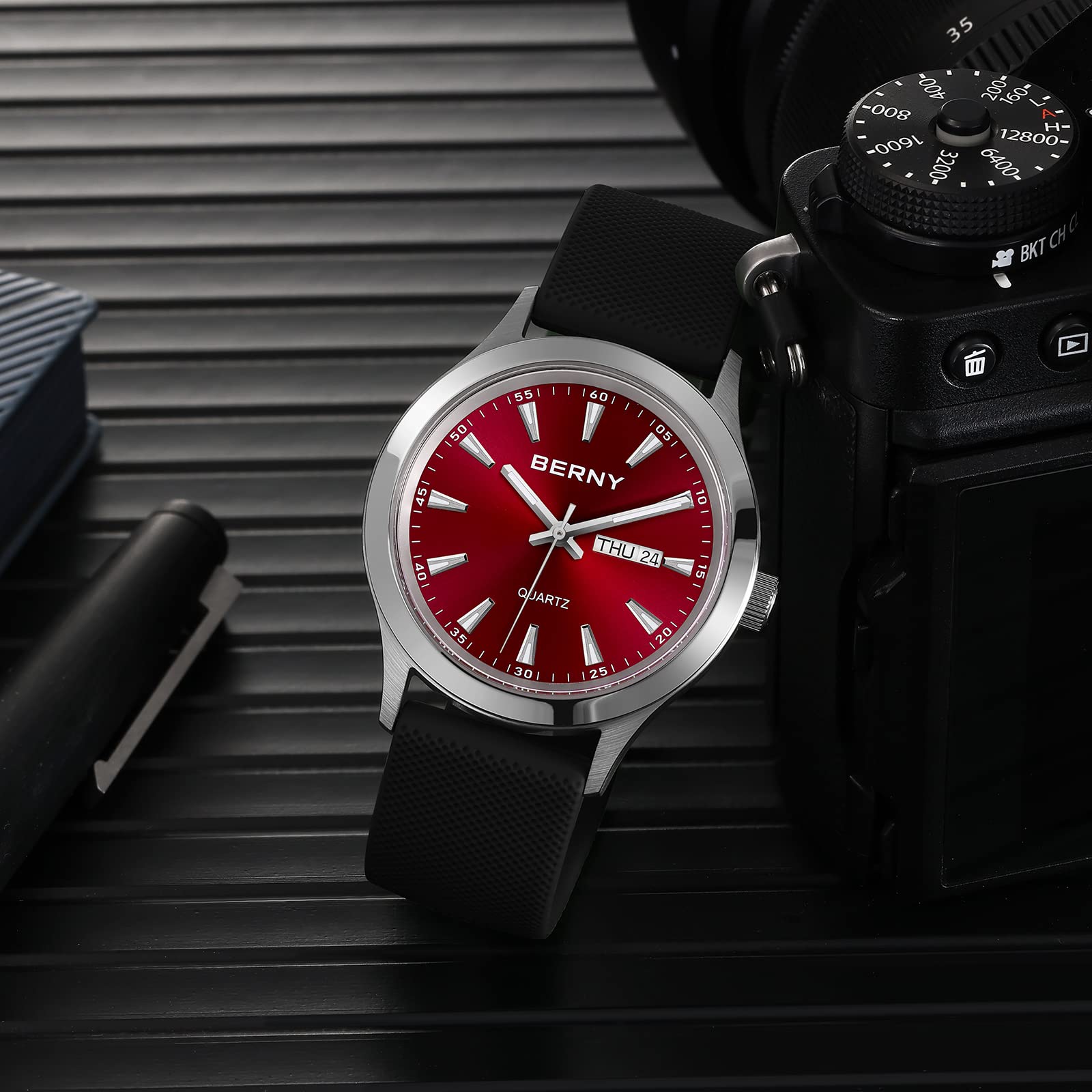 Berny orologio quarzo uomo Miyota 2105 silicone rosso