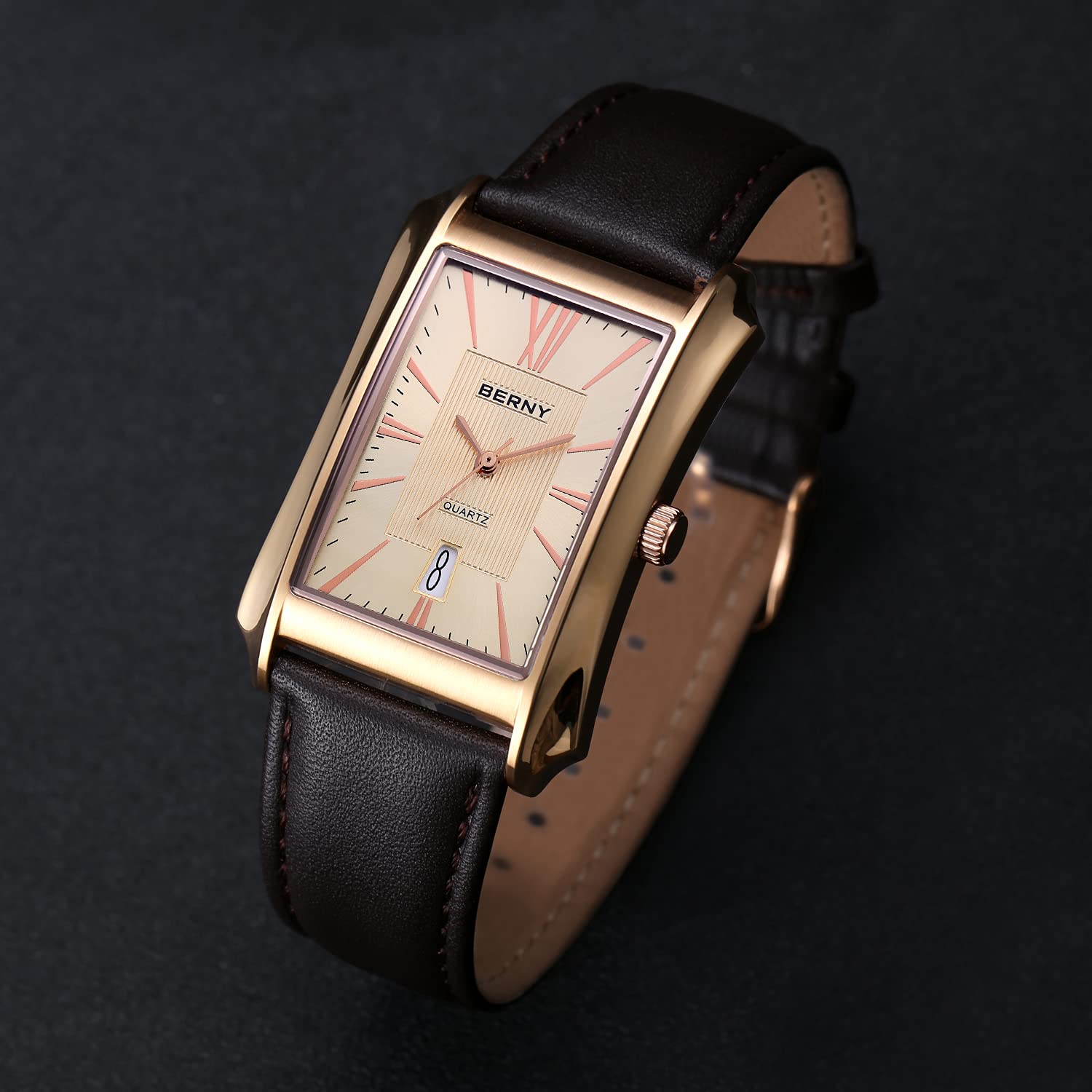 Berny Casual Orologio Uomo Nero Quarzo Pelle Rettangolare