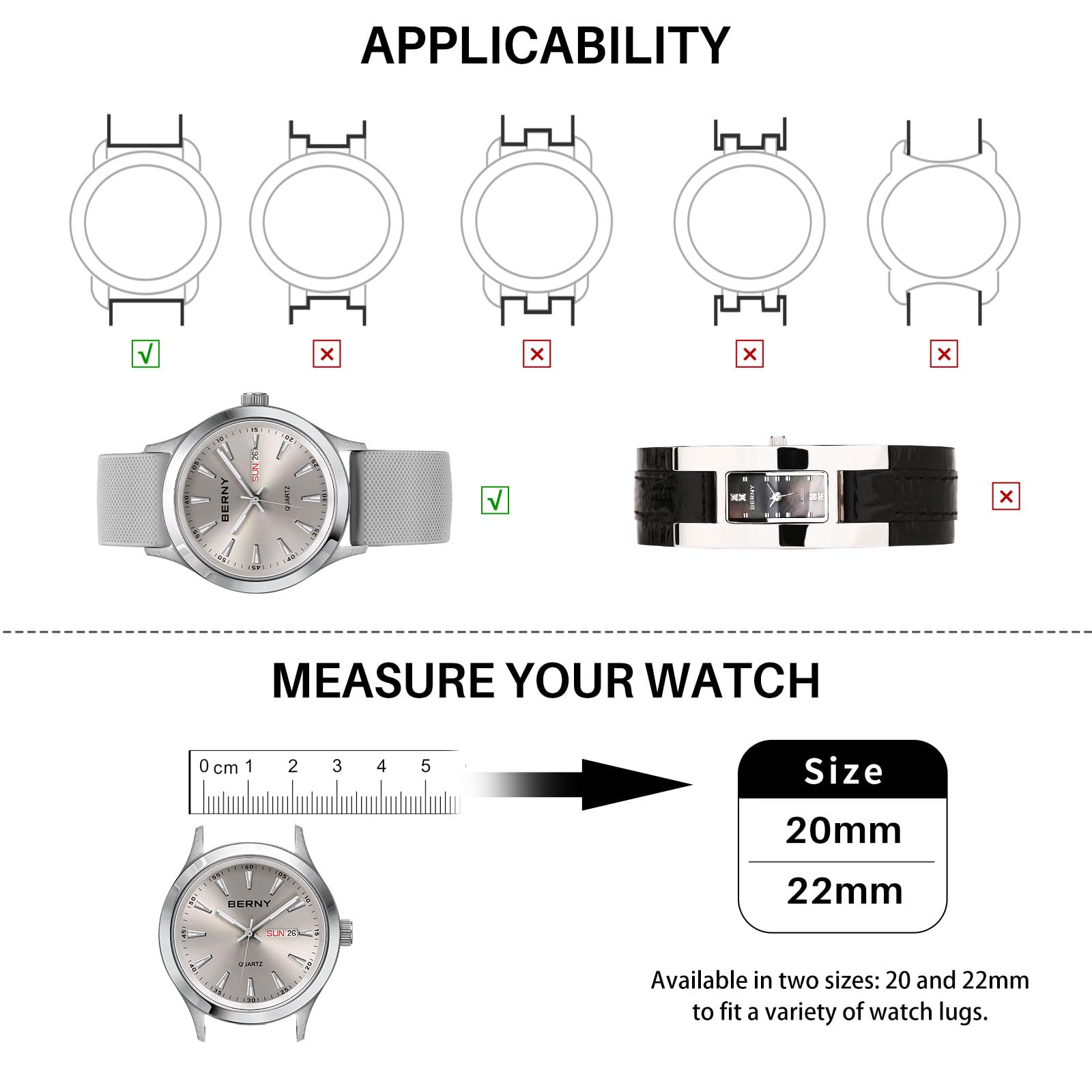 Berny Cinturino Orologio Silicone 22mm Grigio Chiaro