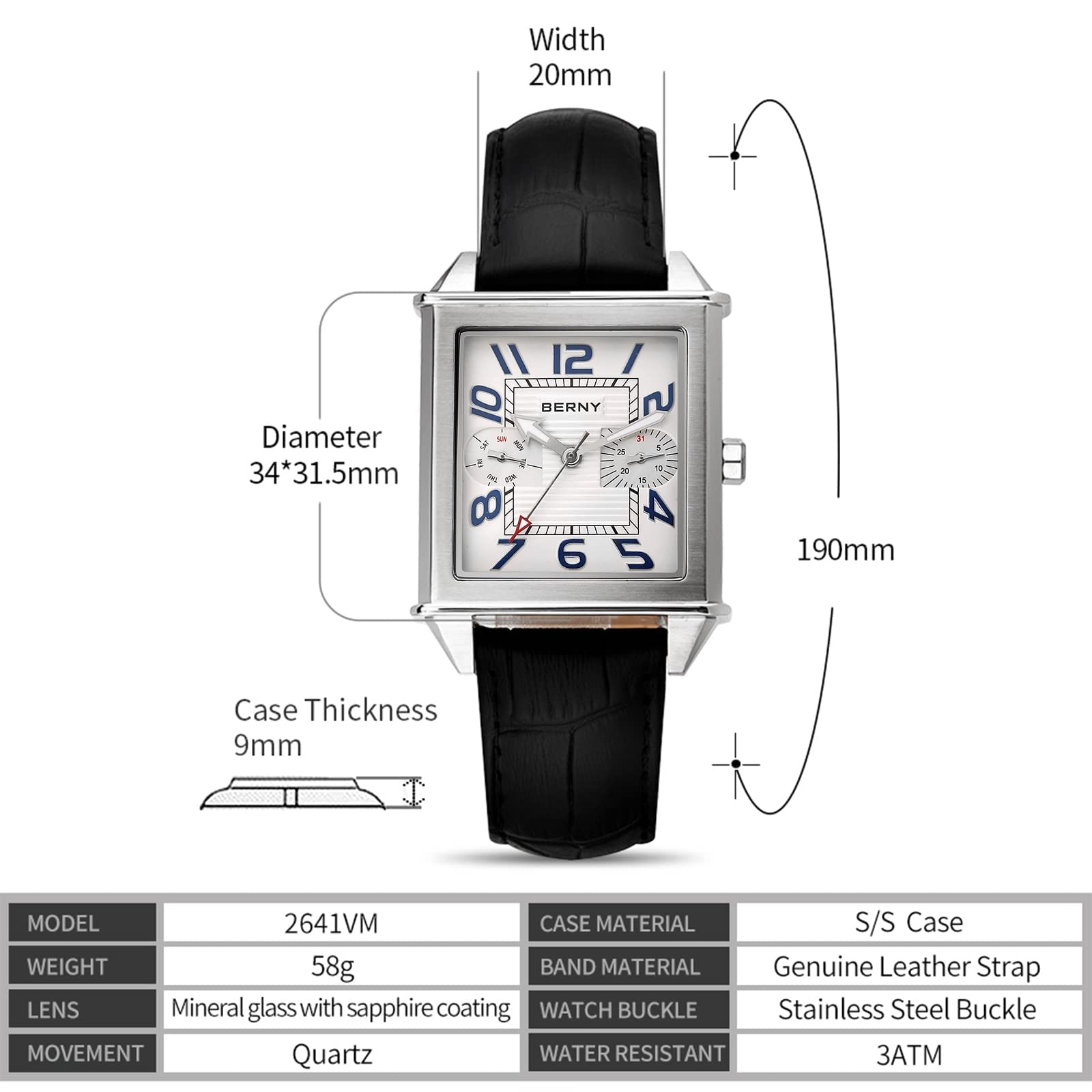 Berny Orologio Uomo Quadrato Quarzo Bianco Pelle