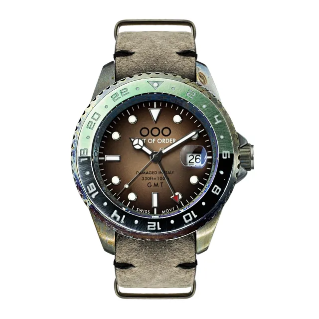 Out Of Order Swiss GMT Dubai orologio pelle verde 44 mm