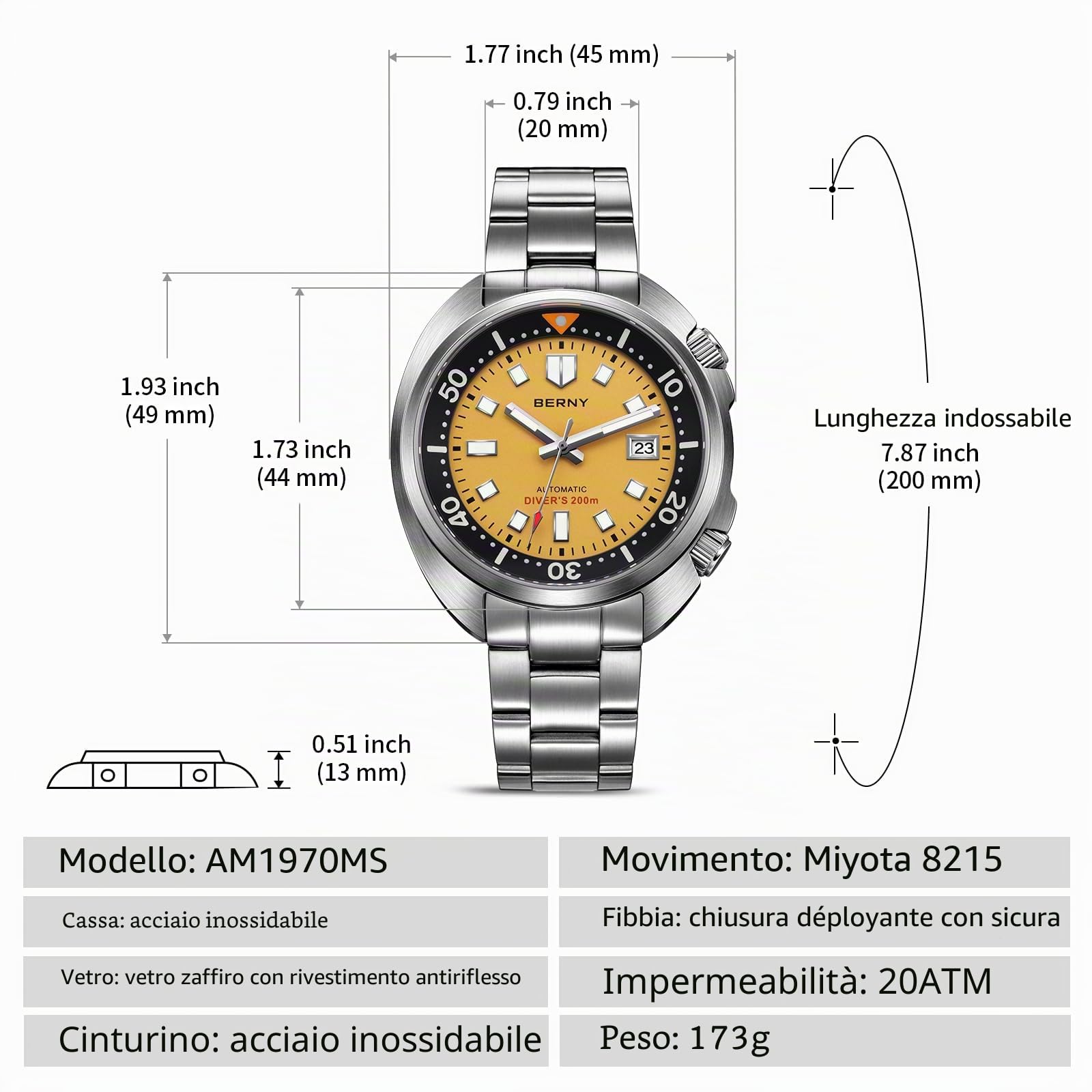 Berny Diver Orologio Uomo Automatico Giallo Full Acciaio