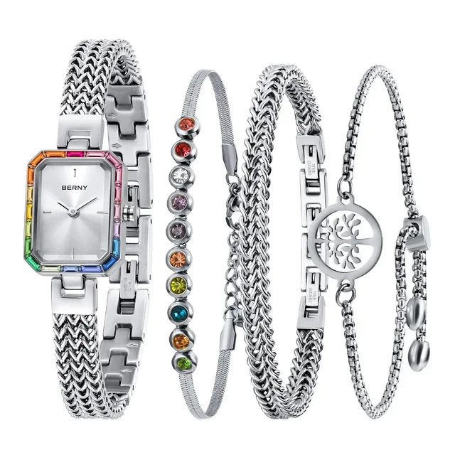 Berny Petite Orologio Donna Bracciale Bianco Pietre Set