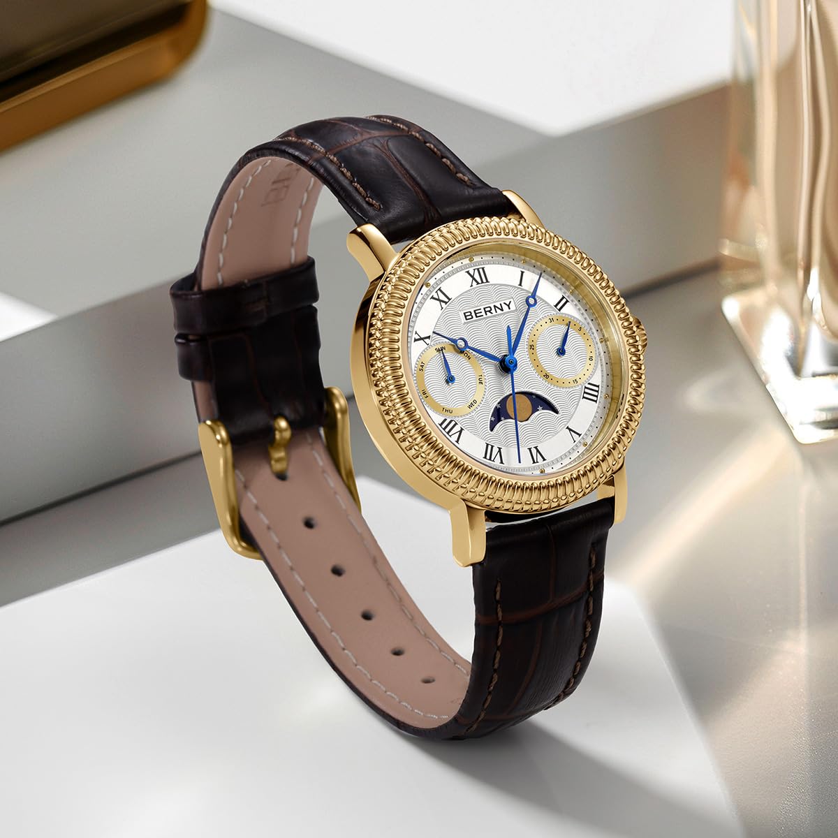 Berny Orologio Donna Fasi Lunari Oro e Bianco Pelle