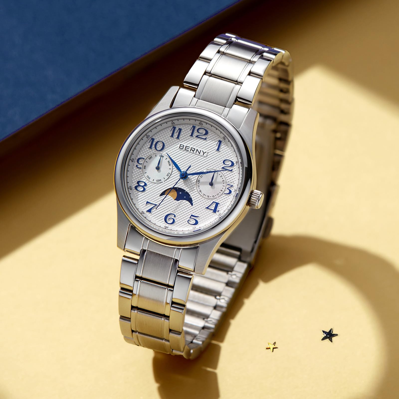Berny Moon Phase Orologio Donna Bianco Acciaio Fase Lunare