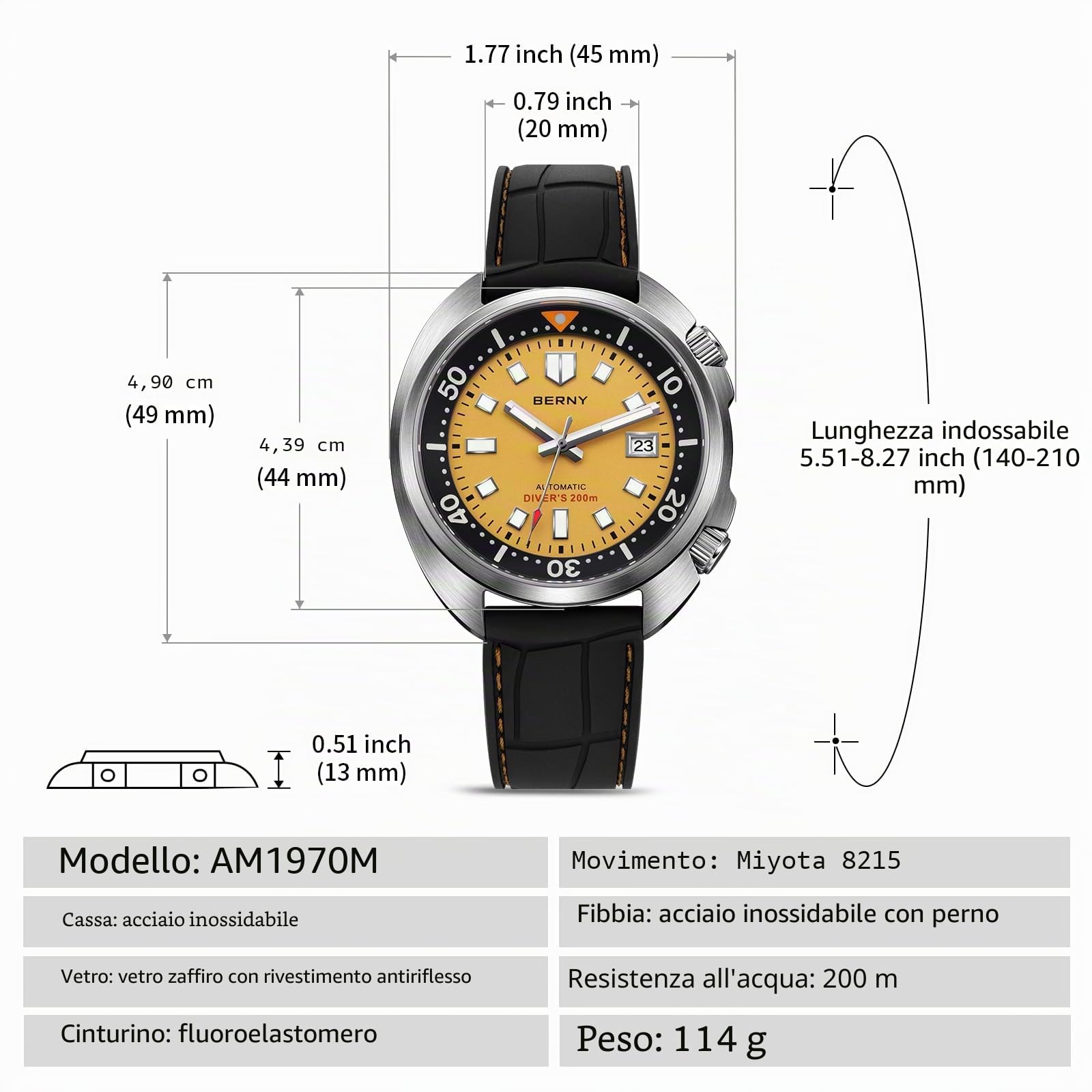 Berny Diver 200M Orologio Uomo Automatico Giallo Zaffiro