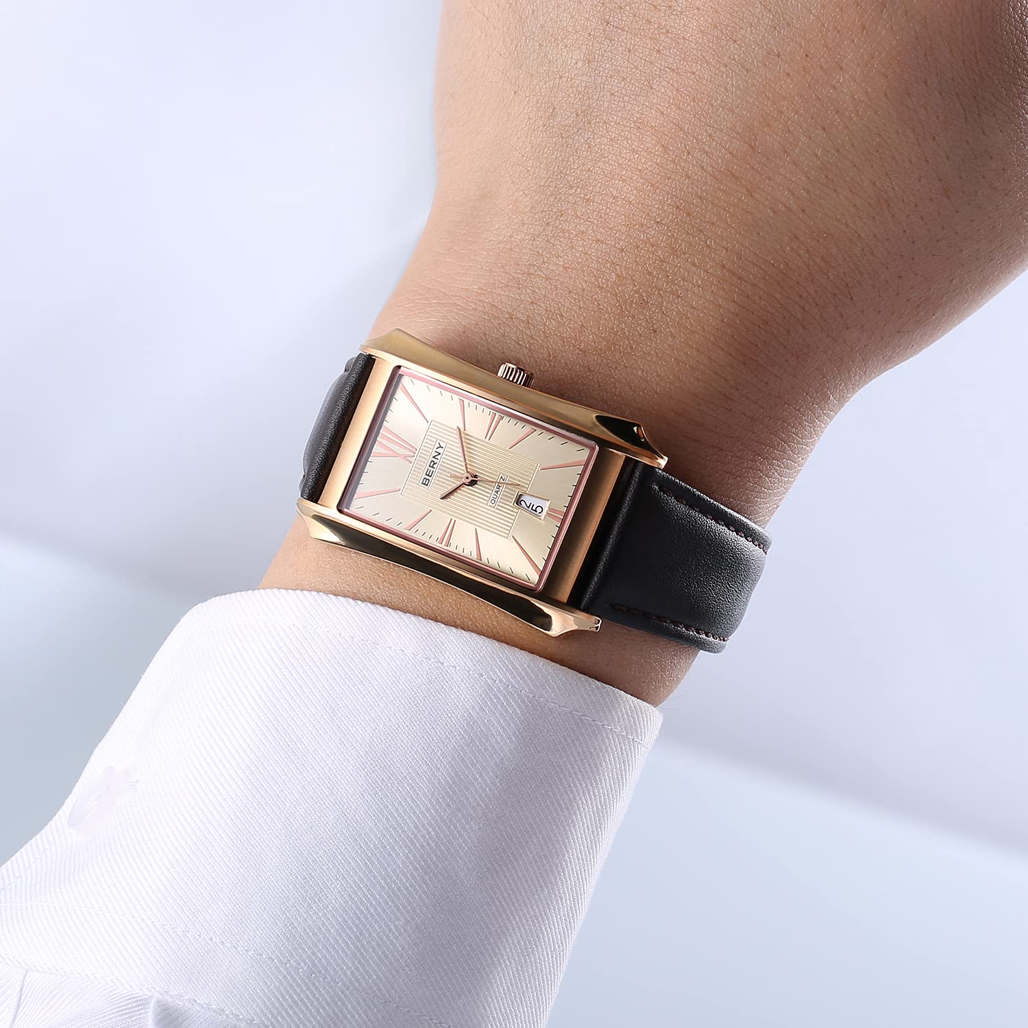 Berny Casual Orologio Uomo Nero Quarzo Pelle Rettangolare