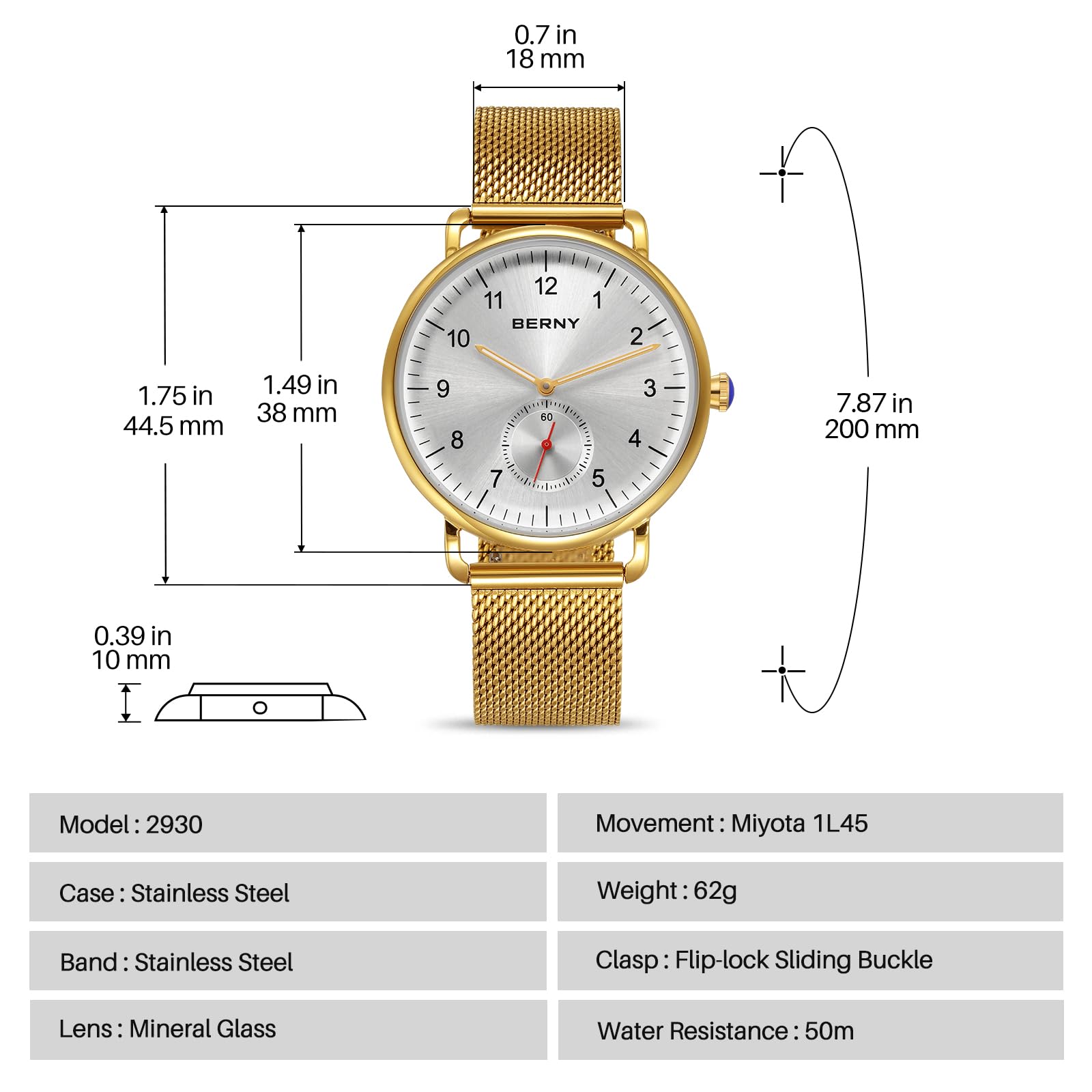 Berny Orologio Unisex Argento Dorato Quarzo Elegante