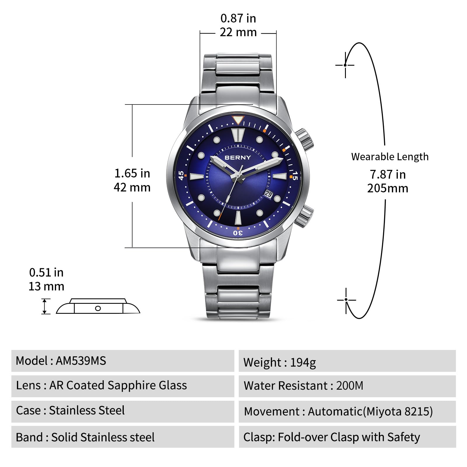Berny Diver Collection orologio automatico blu 200 m