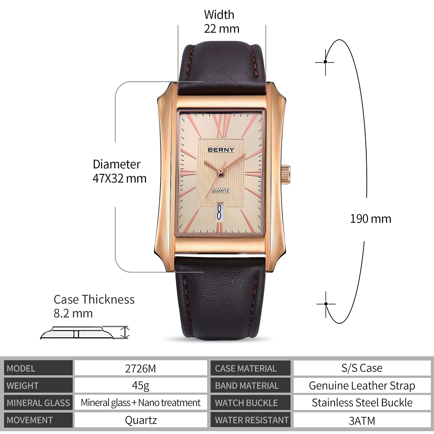 Berny Casual Orologio Uomo Nero Quarzo Pelle Rettangolare