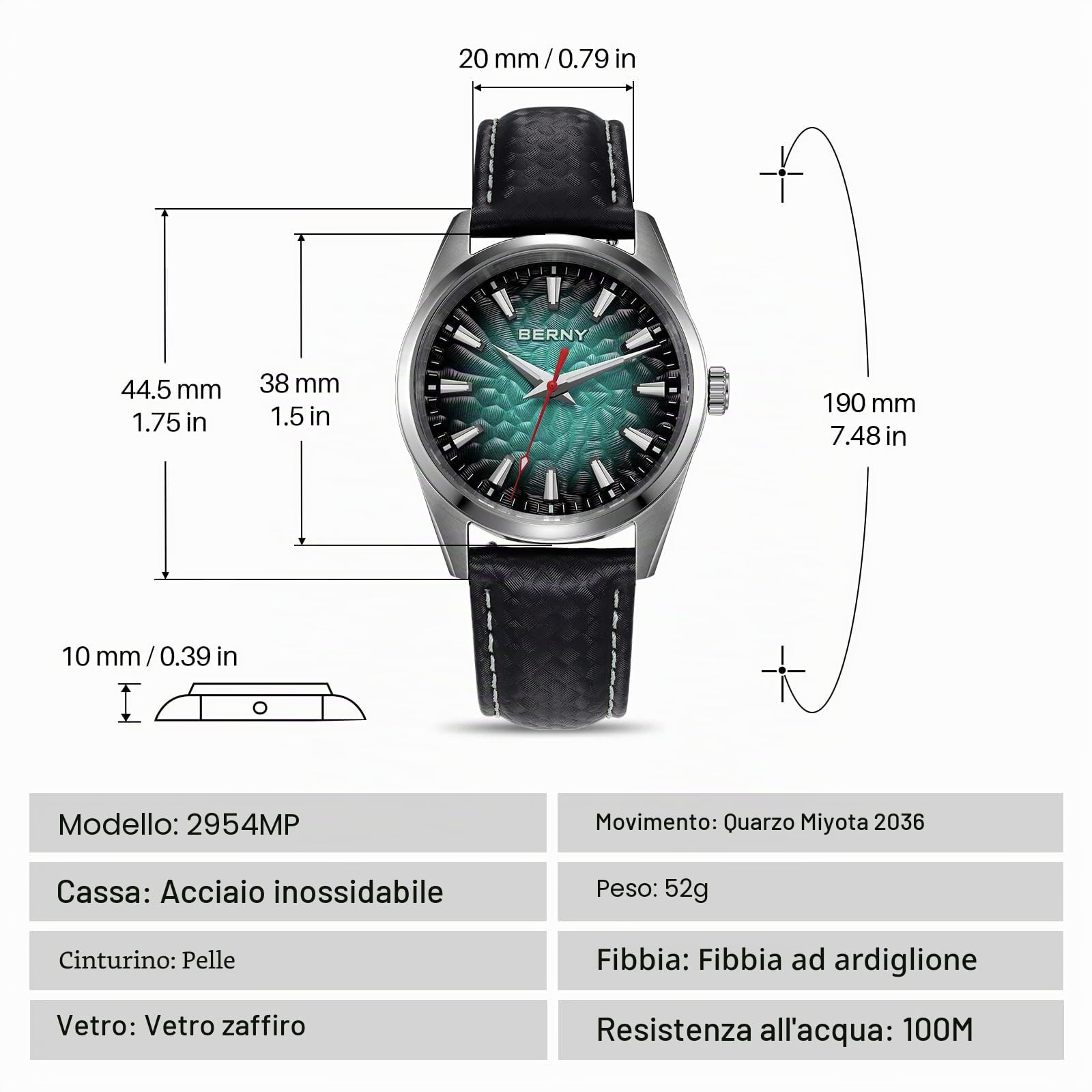 Berny orologio uomo quarzo pelle blu chiaro 10 ATM