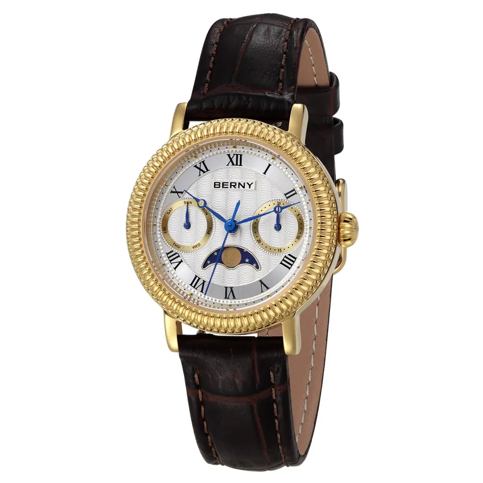 Berny Orologio Donna Fasi Lunari Oro e Bianco Pelle
