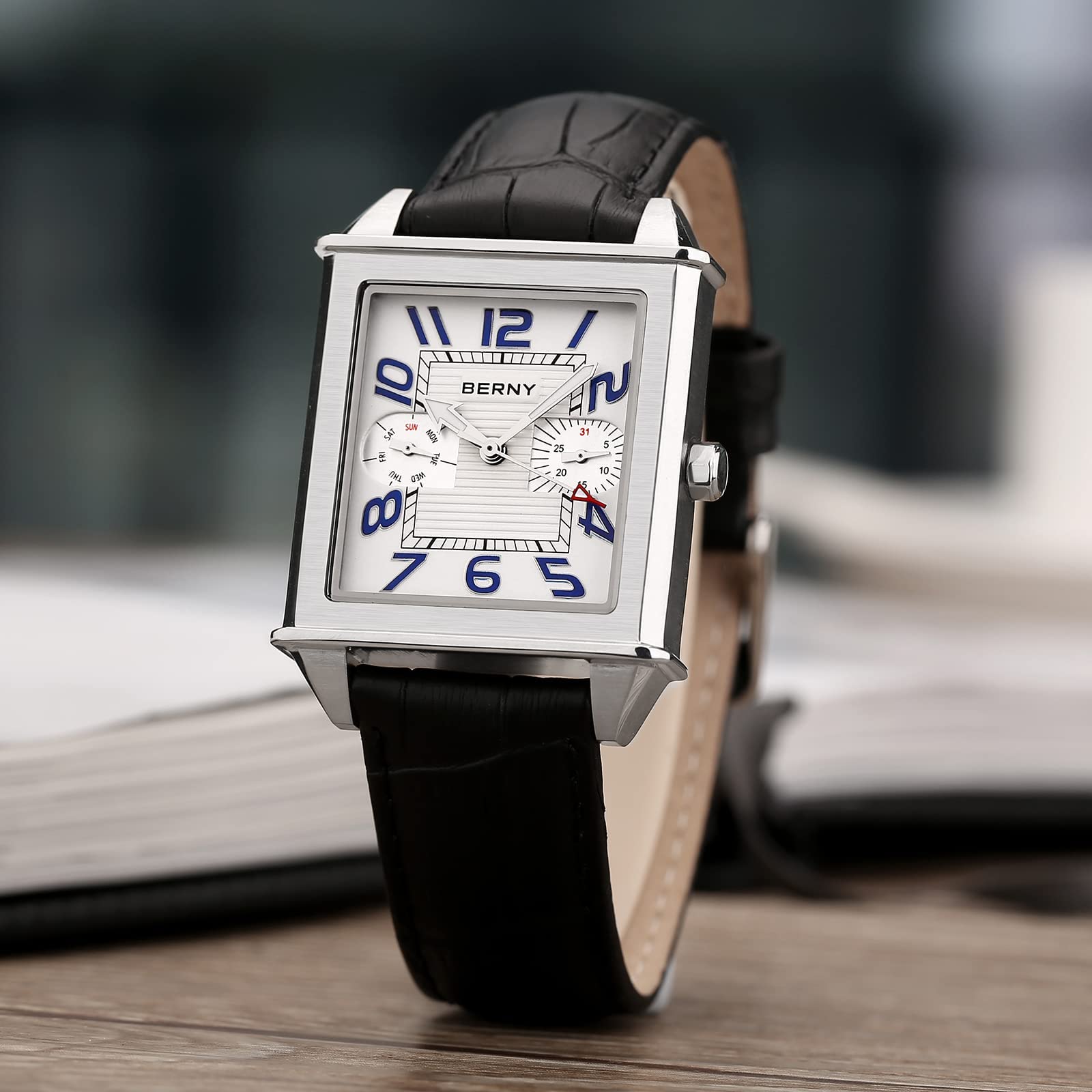 Berny Orologio Uomo Quadrato Quarzo Bianco Pelle