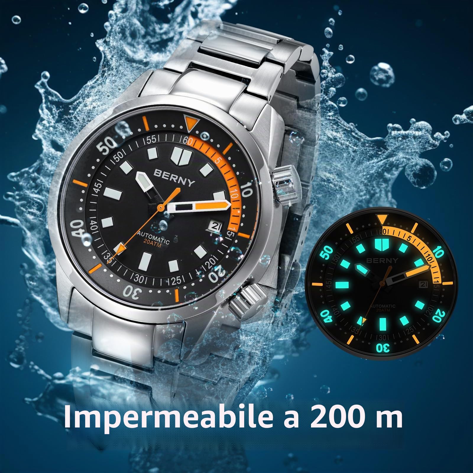 Berny Diver Orologio Uomo Automatico Nero 20ATM
