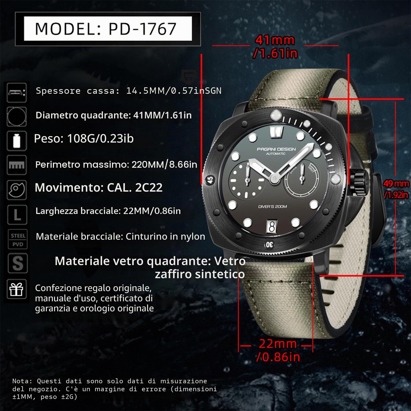 Pagani Design Militare automatico orologio nylon 200M
